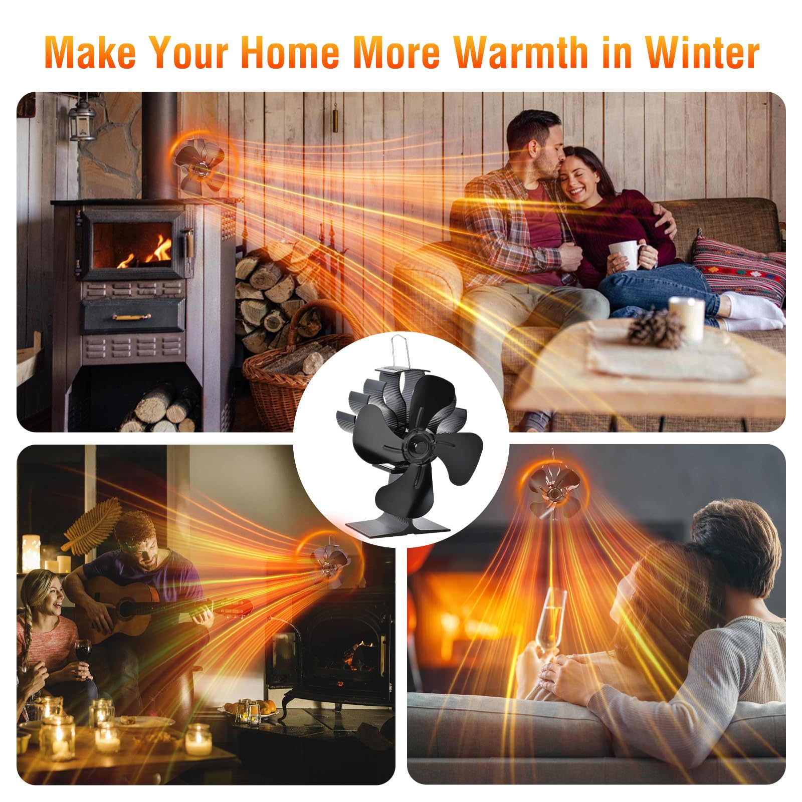 Ventilador-de-Chimenea-Ventilador-de-estufa,Silencioso Alimentado Ventiladores chimeneas,Energía Térmica,Distribución Eficiente del Calor,para Estufa de Leña,Estufas de Pellets (4 hojas)