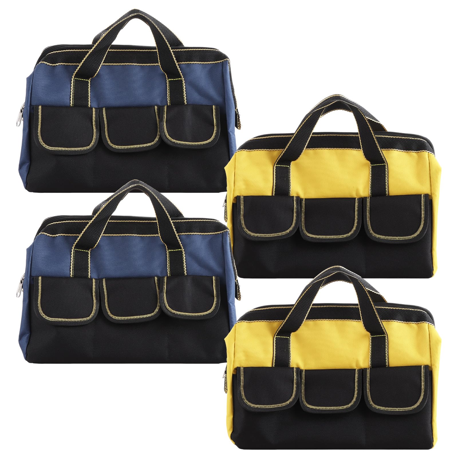 Ghligna 4 Pack Tool Bag, 12-Inch Heavy Duty 600D Oxford Wide Mouth Tote with Waterproof Base, Small Tool Storage Organizer for Electricians & DIY (2 Blue + 2 Yellow)