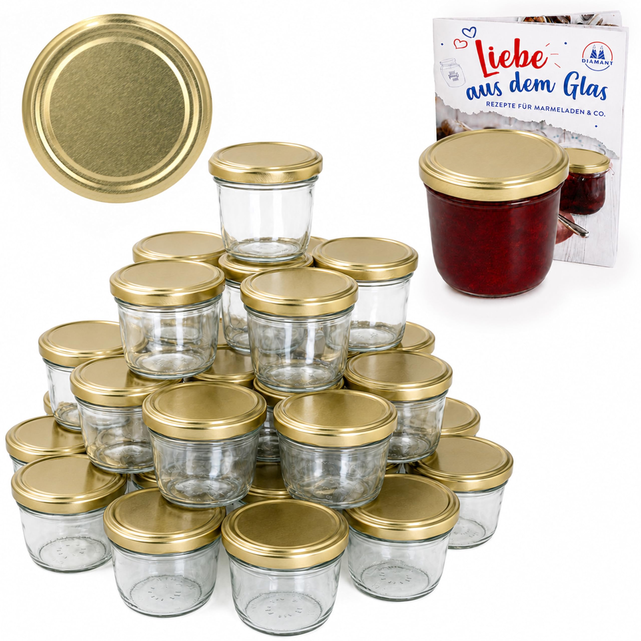 MamboCat Set di 100 vasetti in vetro da 230 ml, per marmellate e conserve, coperchio dorato 82, incluso ricettario di Diamant-Zucker Gelierzauber