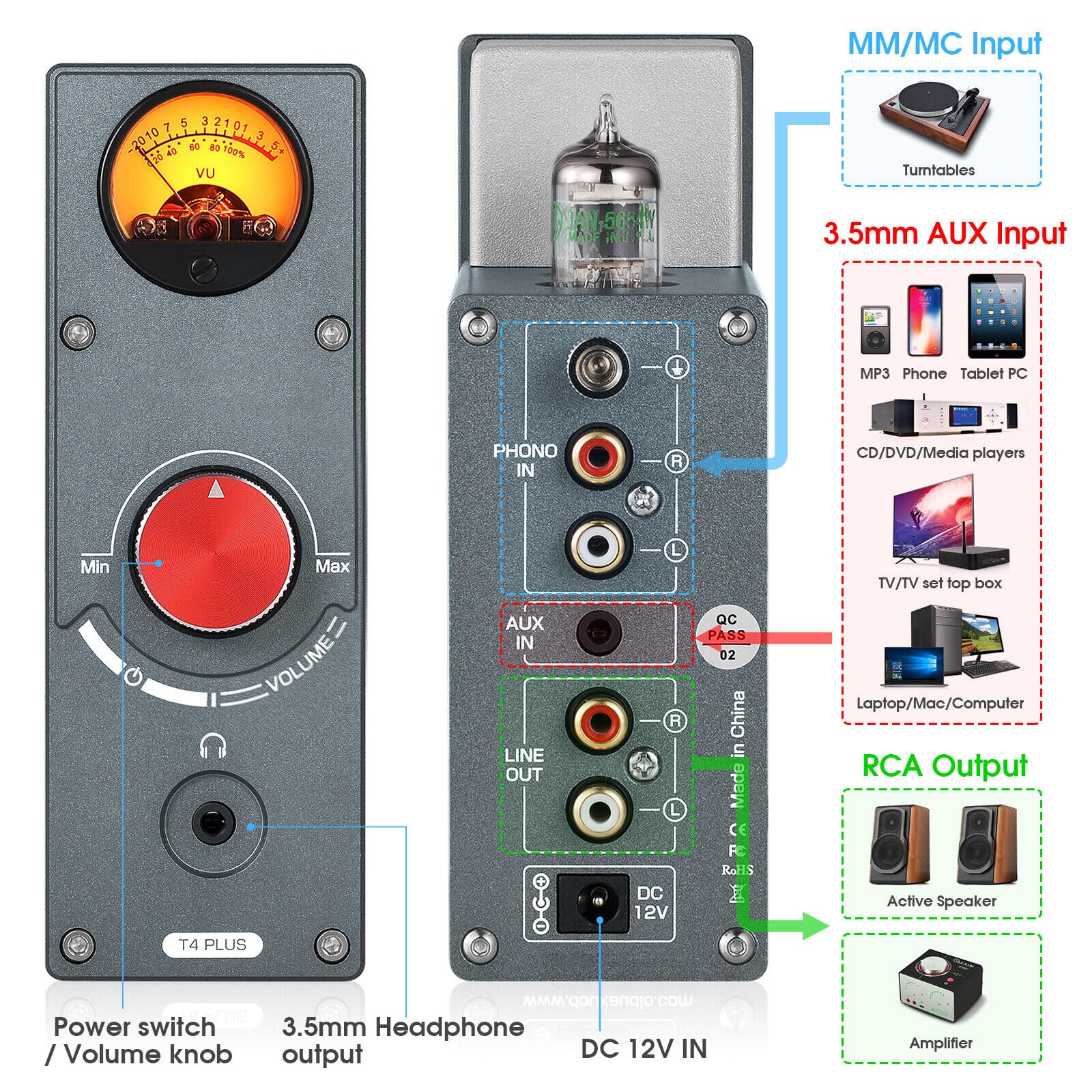 Giradischi Vintage a Valvole Con Preamplificatore Audio Stereo Con Misurazione VU, Dispositivo Audio Con Accento Dinamico Con Grande Dinamica E Suono Valvolare Dolce