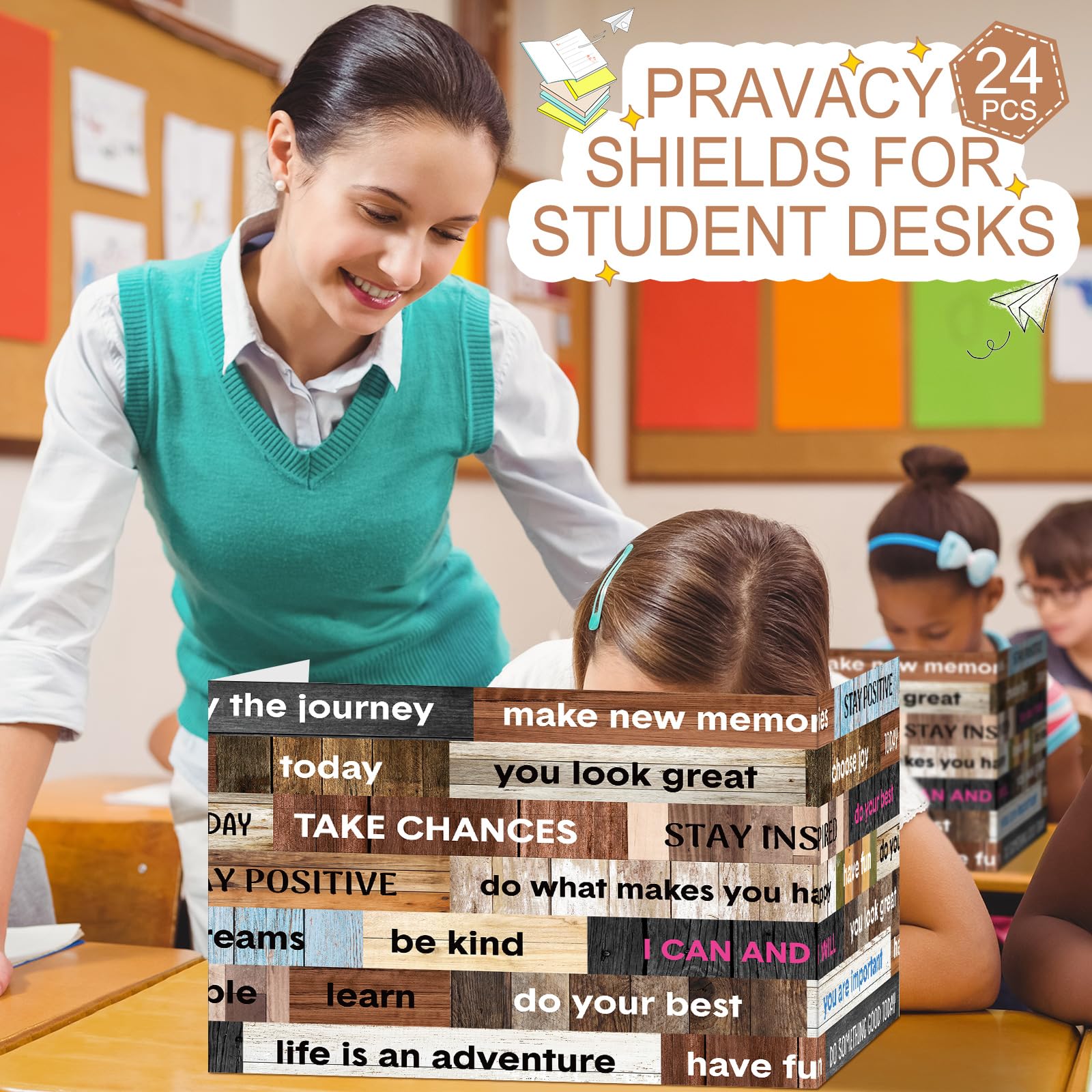 Harloon 24 Pack Privacy Boards For Student Desks - Tri-fold Cardboard Dividers, Inspirational Designs
