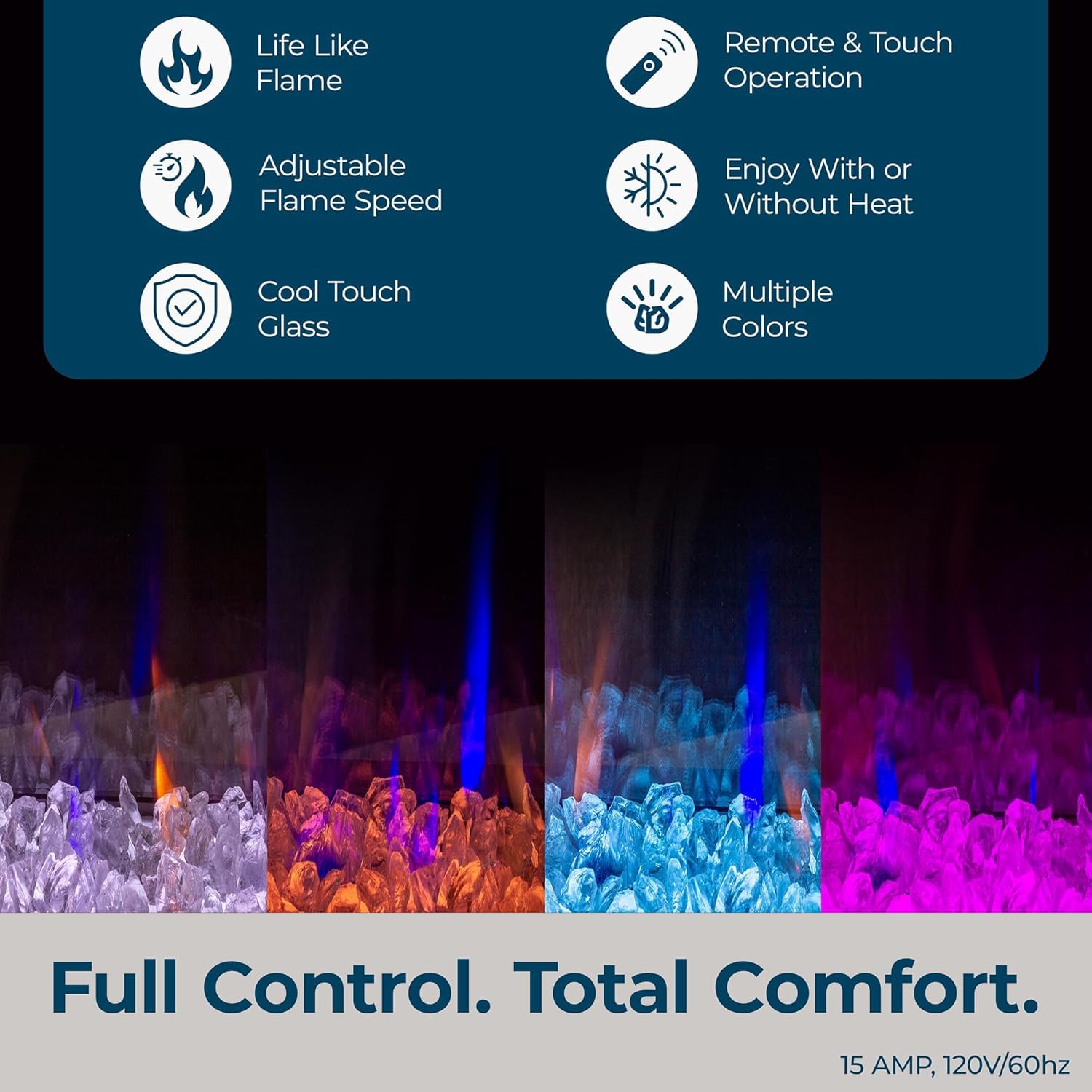 Ambe Linear 50" Electric Fireplace with Real Wood | Hidden Vent Design | Midwest Hardwood Log Set | Recessed or Built-in | Deep Realistic Ember Bed | Fireplace Insert Heater | Trim or Frameless