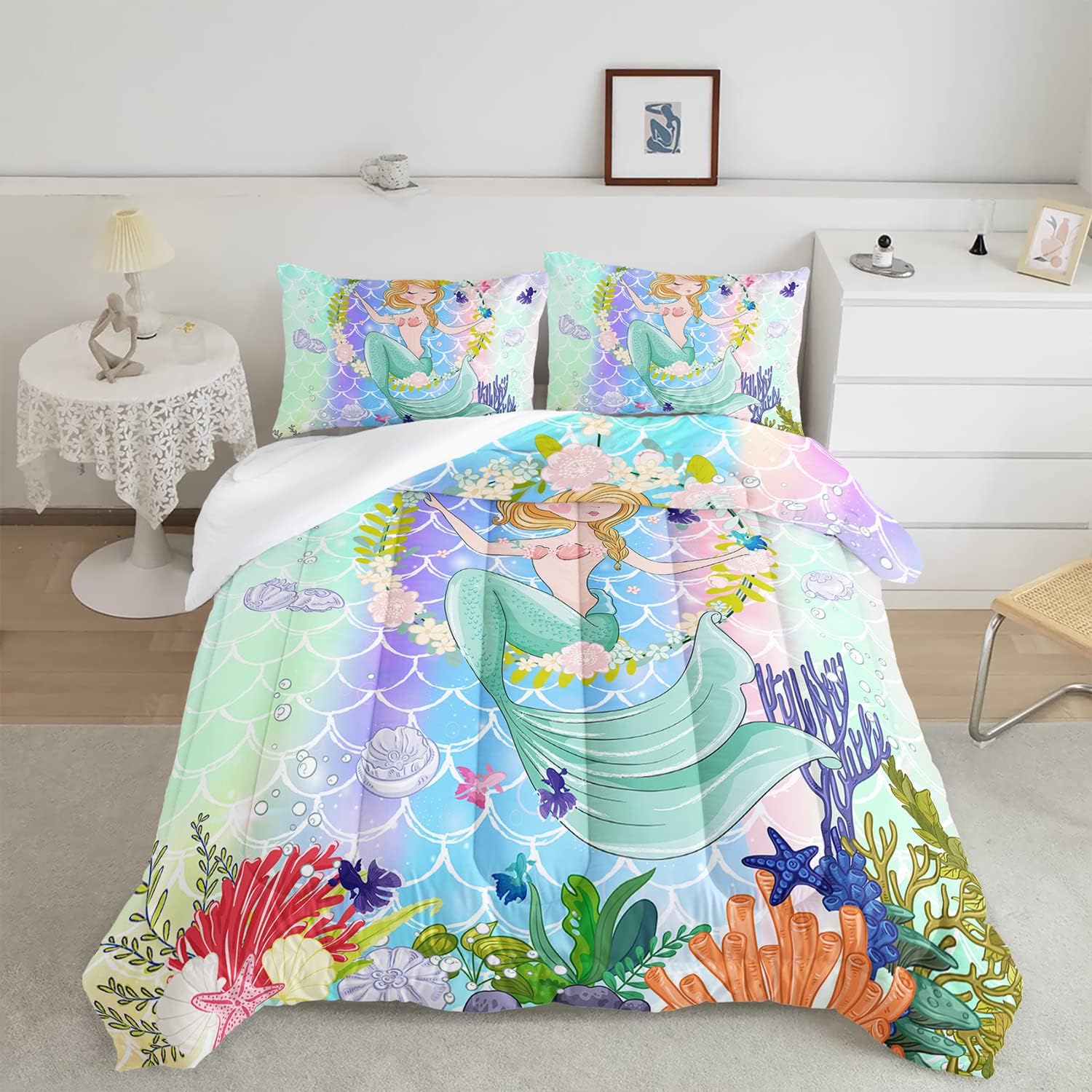CVHOUSE Mermaid Comforter Set,Ocean Sea Mermaid Bedding Set