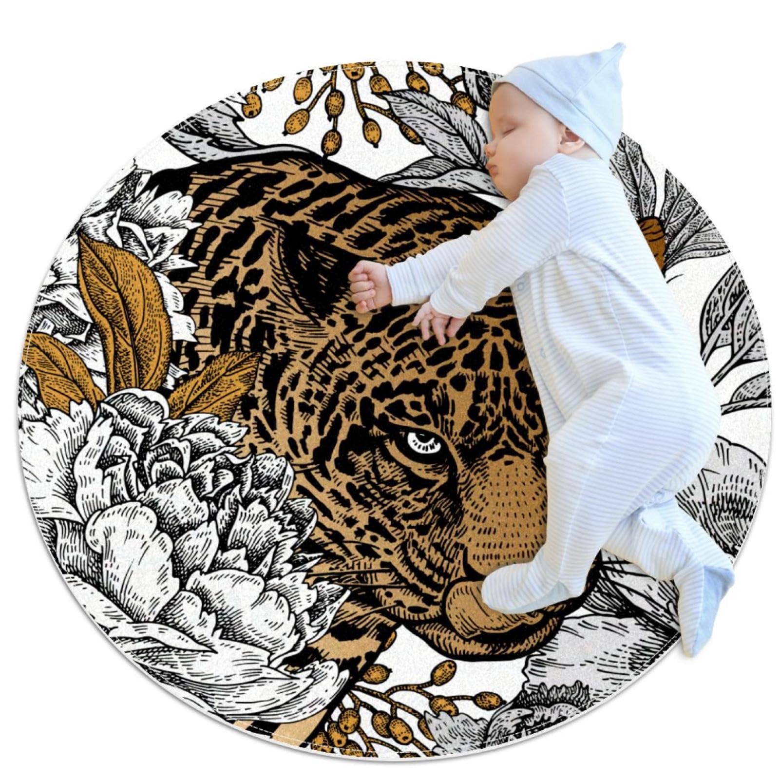 Tapis de salle de bain léopard et pivoines rond 1m antidérapant