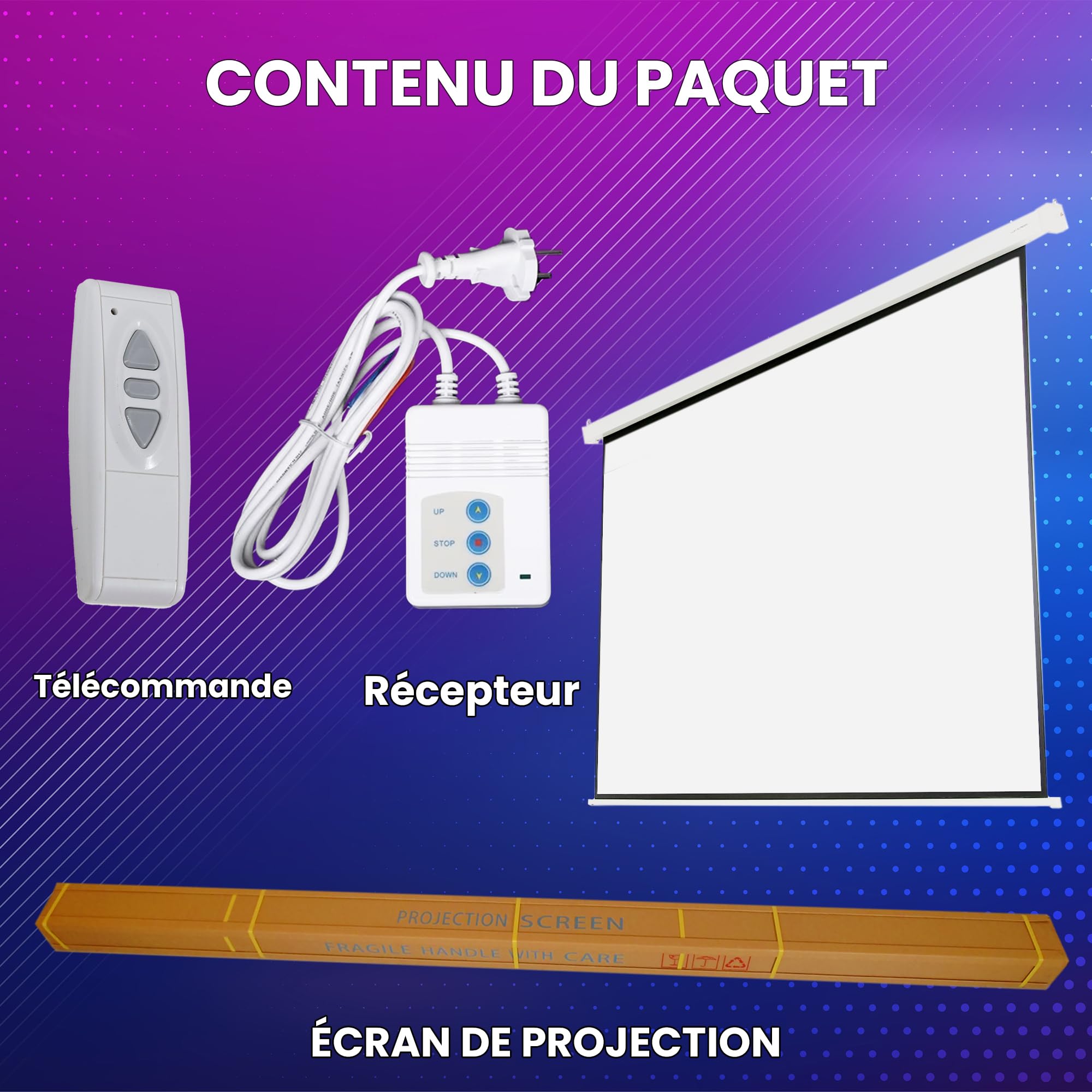 Écran de Projection motorisé Luxscreen de 112 Pouces. Dimensions du Tissu : 1,97 x 1,97 m. Boîtier en Acier de 2,23 m. Tissu Blanc Mat avec Gain de Brillance 1.1. Télécommande Incluse.