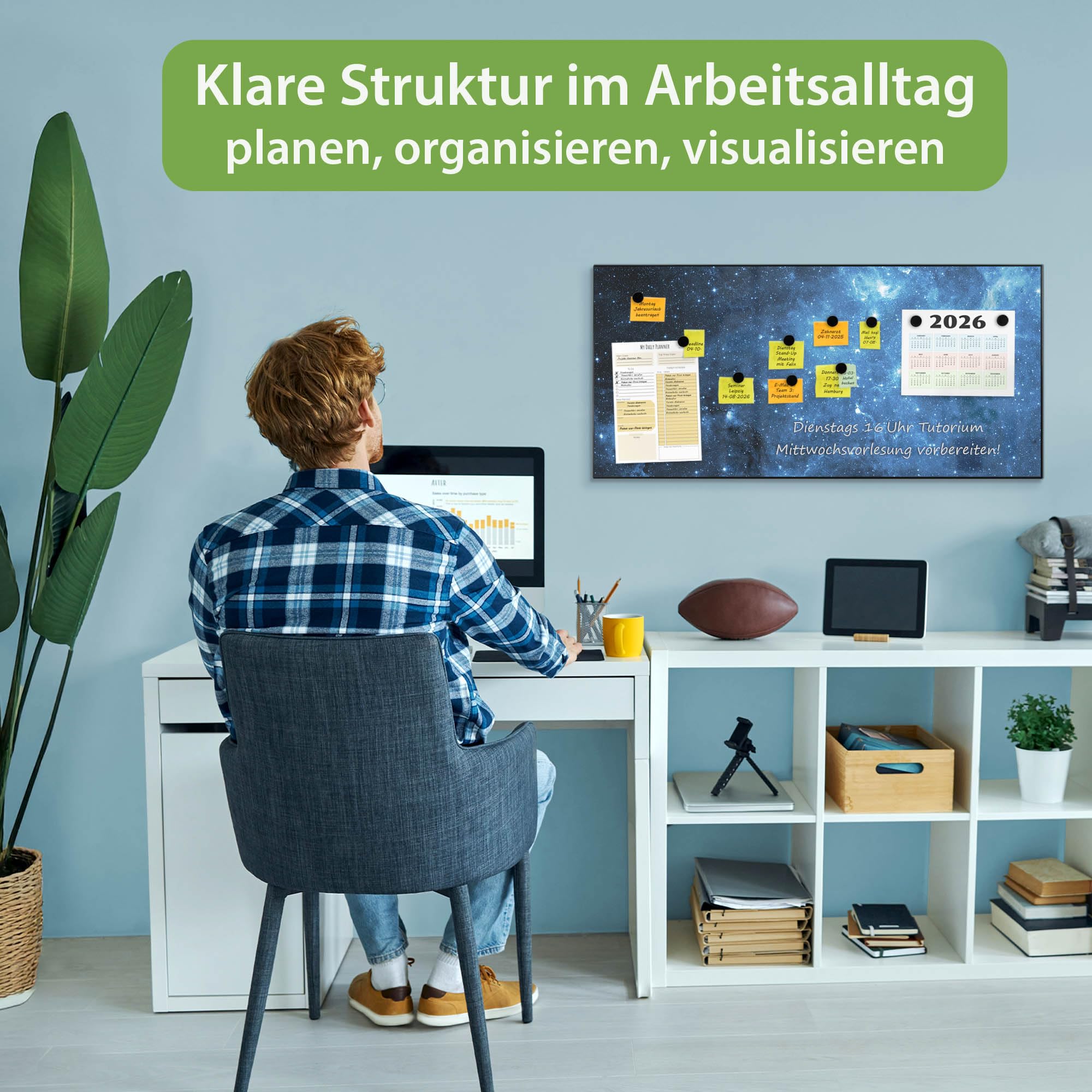 banjado Magnettafel Metall 78 x 37cm - beschreibbare Magnettafel - Metall Pinnwand als Memoboard - Magnetwand Küche, Büro, Kinderzimmer Schwarz inkl. 4 Magnete & Montageset - Motiv Universum