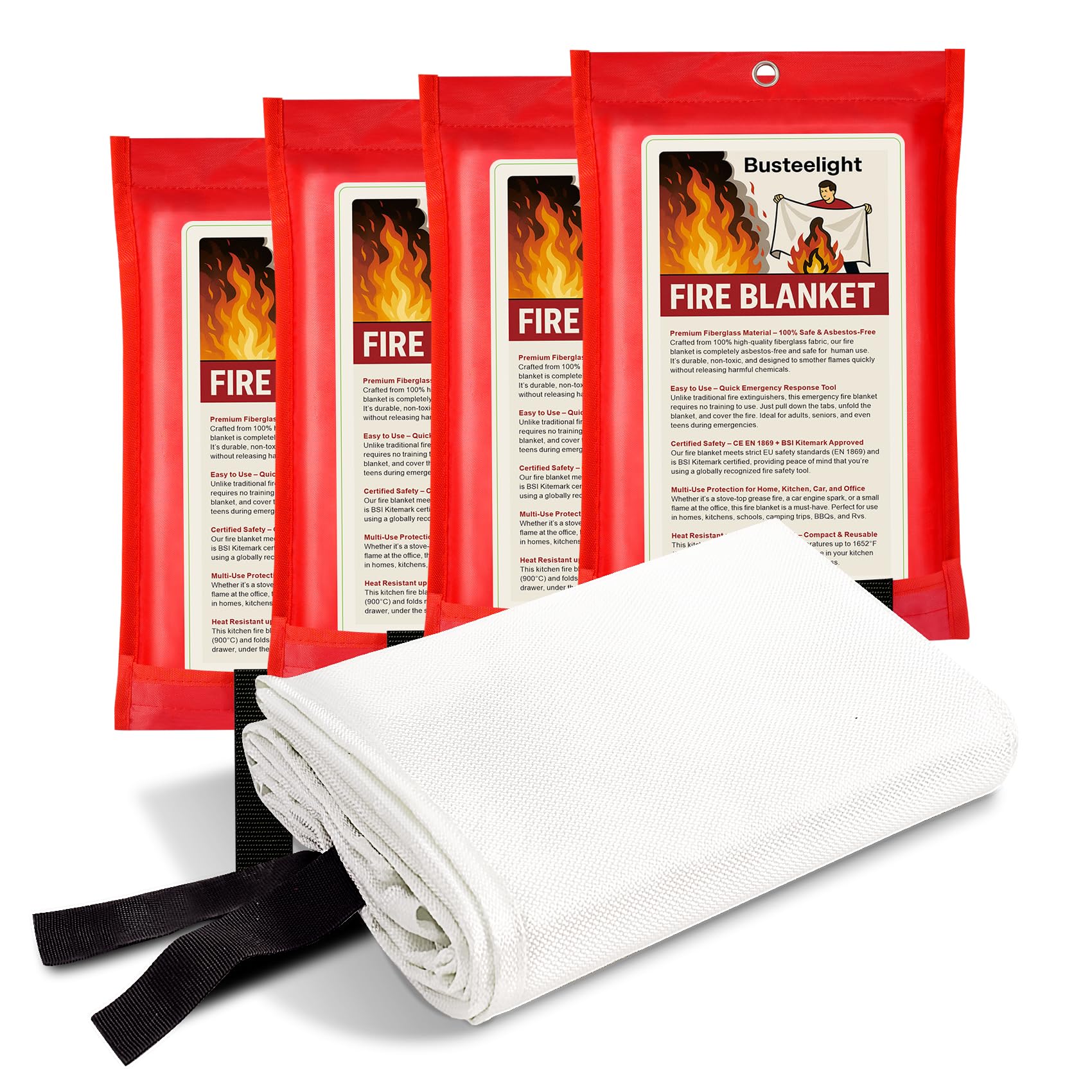 Coperta Antincendio 100 × 100 cm – Coperta Ignifuga in Fibra di Vetro per Casa, Cucina, Auto e Ufficio – Fire Blanket di Emergenza (4 Pezzi)
