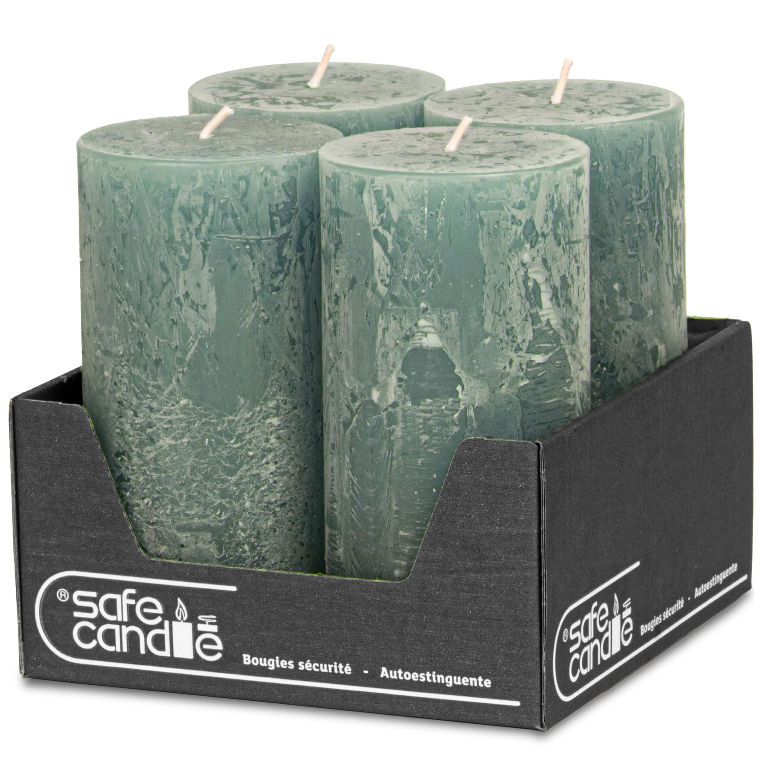 Juego de 4 velas rústicas, 140 x 70 mm, autoextinguibles, con certificado RAL, duración de combustión aprox. 69 h, fabricadas en Alemania, velas decorativas rústicas (salvia)