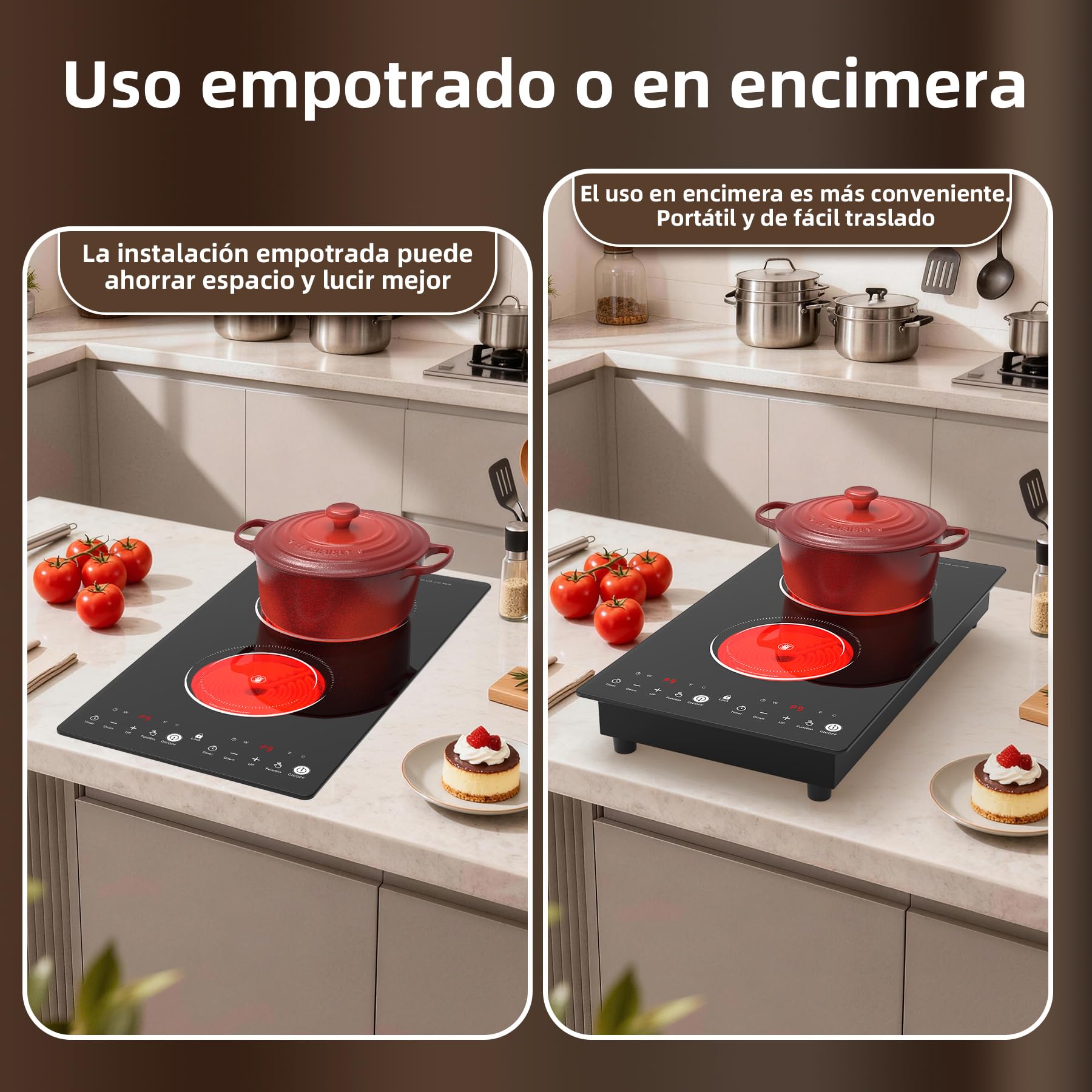 VBGK placa vitroceramica，220V 3000W placa de vitroceramica con control táctil LED, 9 niveles de potencia, bloqueo de seguridad infantil, temporizador de 2 horas.