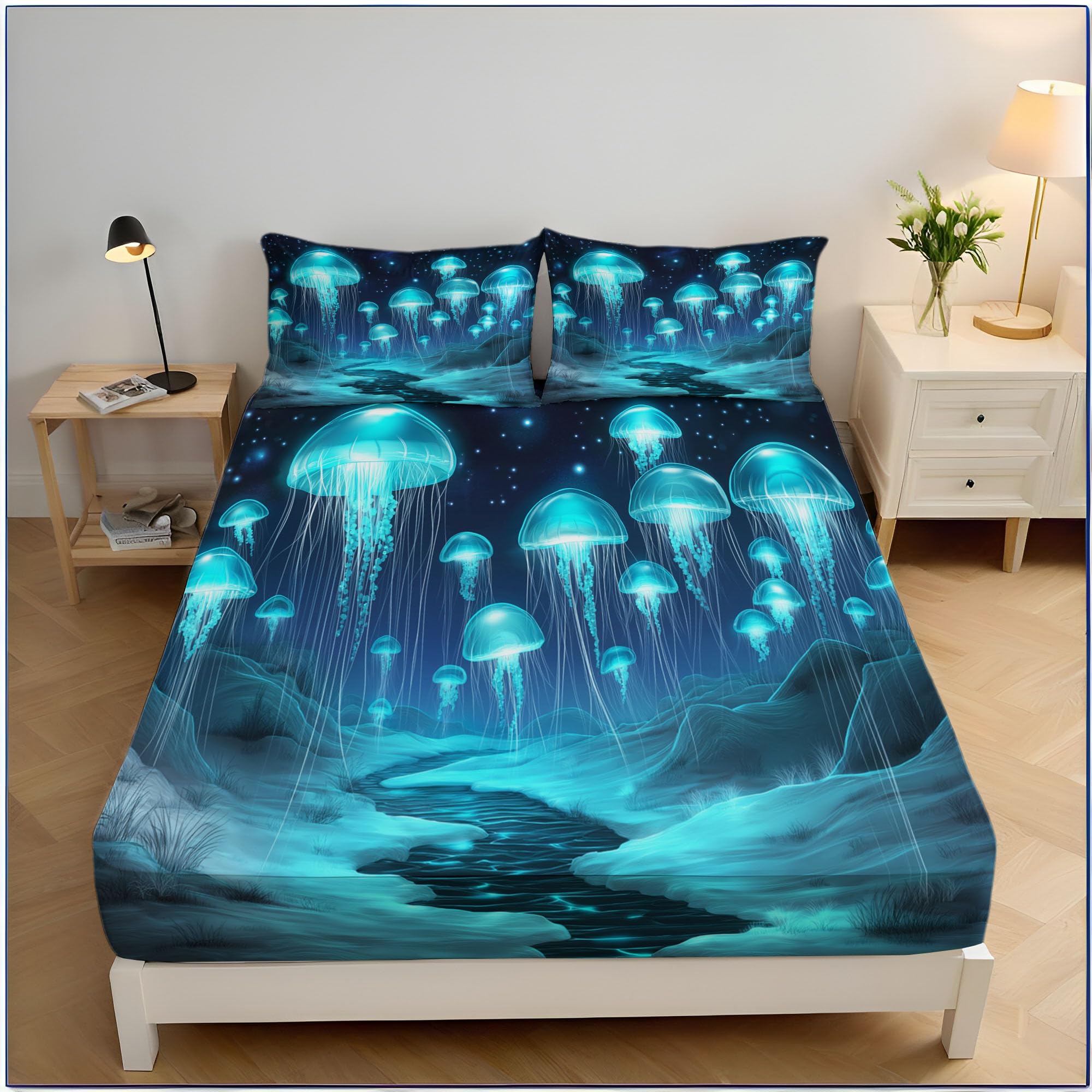 Drap-Housse Grand Matelas 180x200 Motif Méduses Étoilées pour Éviter les Draps qui Glissent