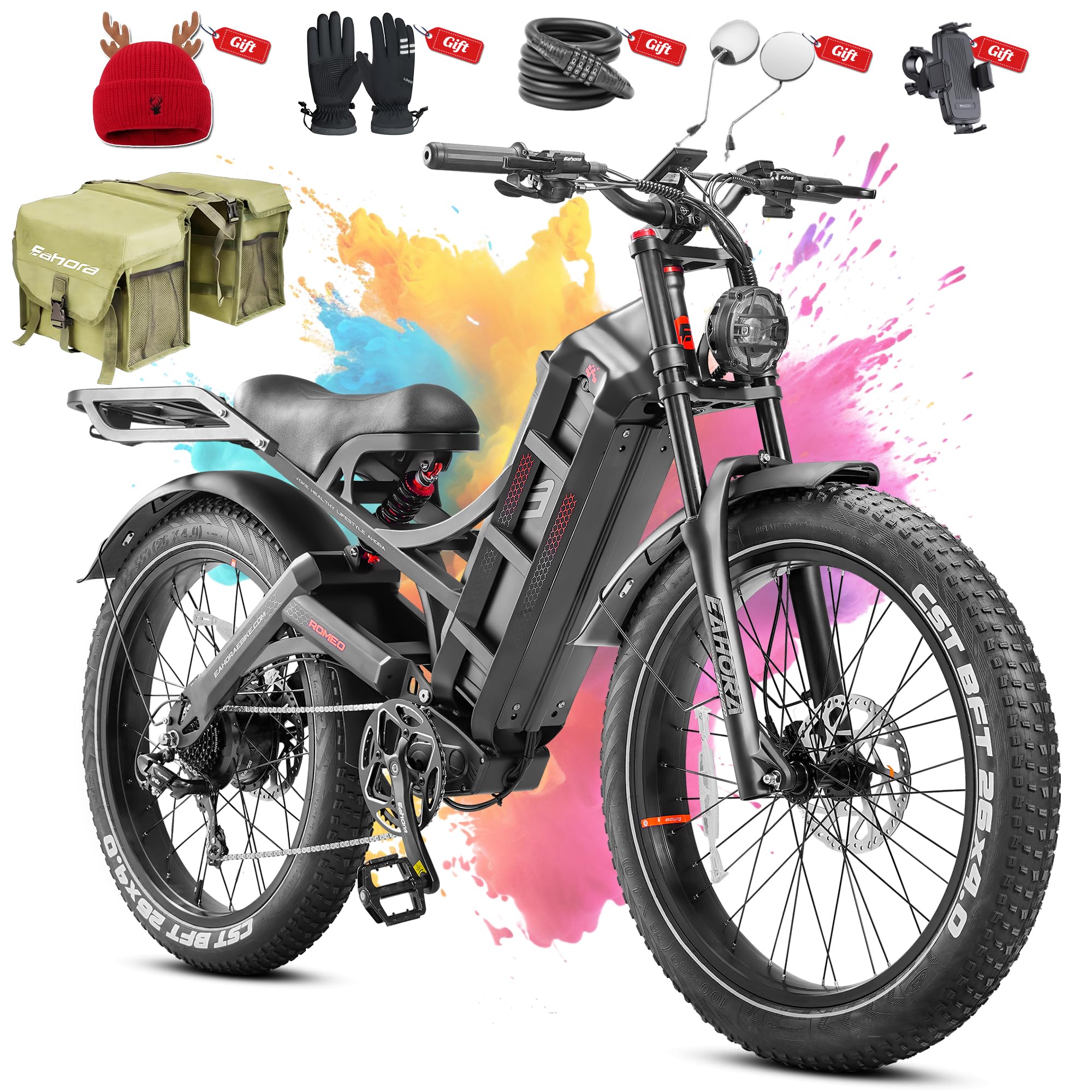 eAhora 2026 Romeo Pro 34mph 1600W Electric Bike for Adults, 48V 60Ah 200miles Long Range Ebike, 26 * 4.0" Fat Tire Electric Mountain Bike, Full Suspension E Bike, All Terrain, Hydraulic Brakes-Bag