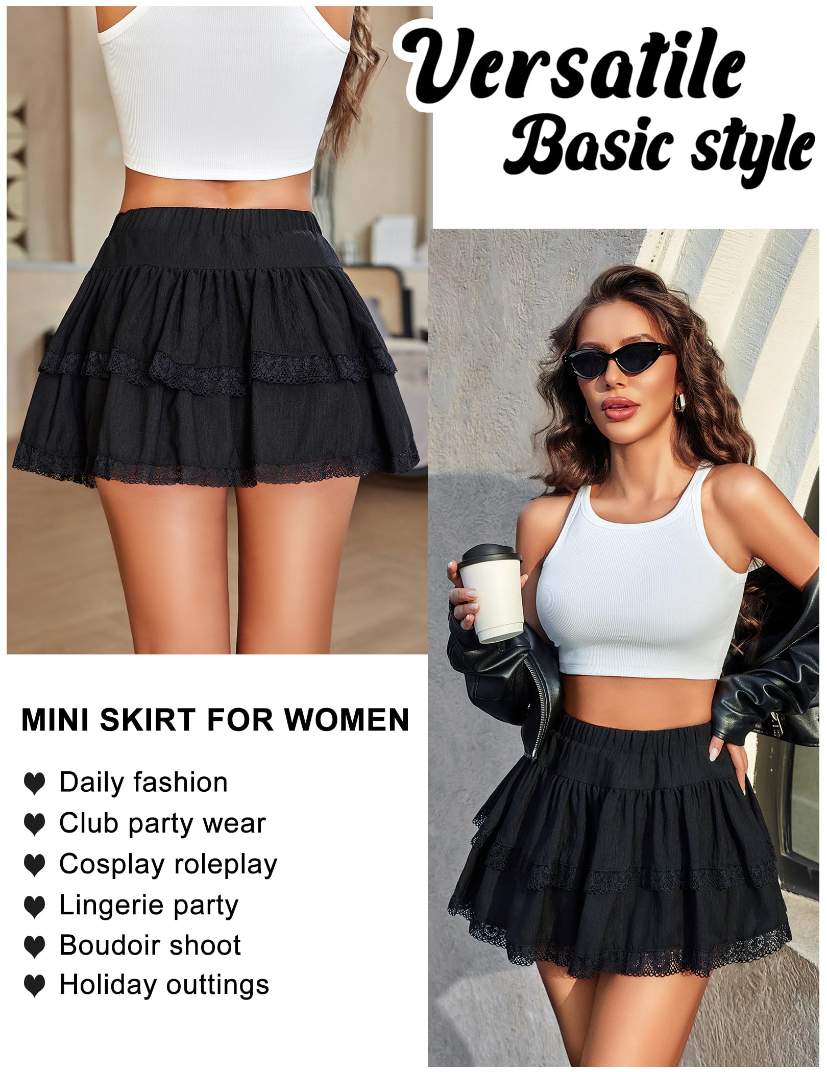 Avidlove Women's Mini Skirt Basic High Waisted Tiered Ruffles Short Lace Hem Cute Lingerie Skirts S-XXL