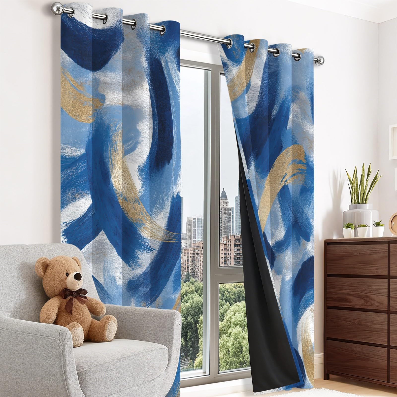 Blickdichte Vorhänge Verdunklungsvorhänge mit Ösen, Leichter Luxus Kunst Farbblockierung Streifen Thermovorhang, Hitzeschutz Vorhänge 2er Set B110 x H215 cm für Wohnzimmer & Schlafzimmer, Bunt