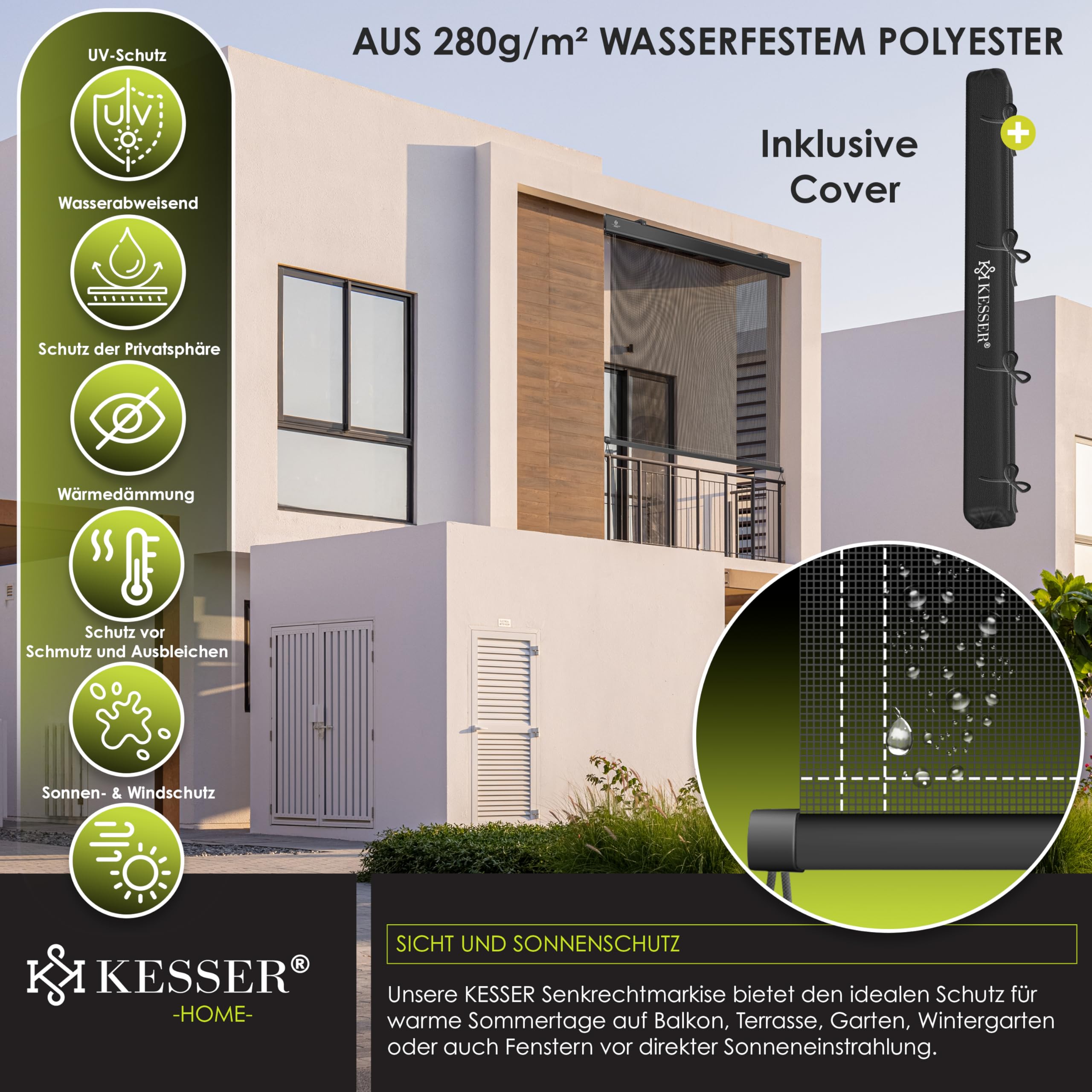 KESSER Tenda a rullo verticale 140 x 250 cm meccanismo a manovella protezione solare privacy balcone terrazza kit montaggio