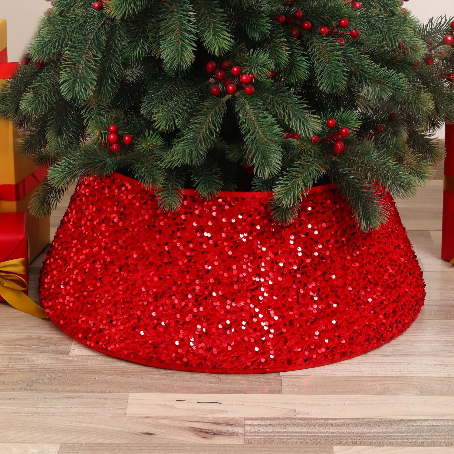 Bekecidi Falda del Árbol de Navidad con Purpurina Roja - Cubierta de la Base del Árbol de Navidad - Anillo Decorativo para Adornos de Fiesta en el Hogar de Vacaciones