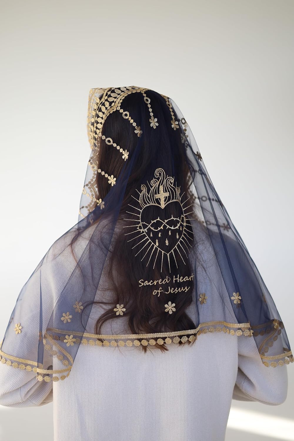 Catholic Mantilla Mass Veil - Triangle Cross Embroidery Church Lace Veil Spanish Chapel Mass Head Covering Long