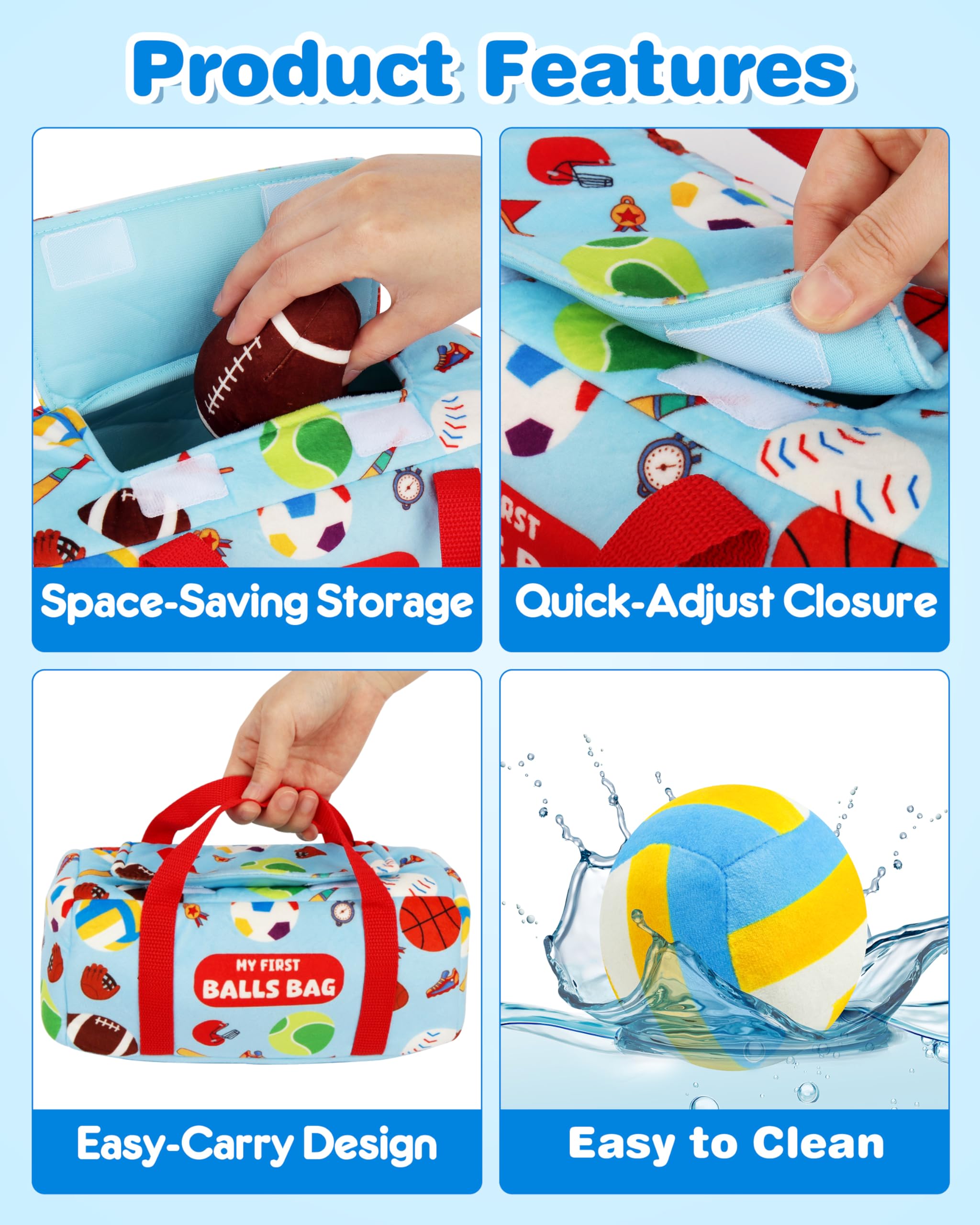 Vanmor Sensory Sports Balls for Toddlers, Baby Toys with Travel Bag, Early Learning Plush Sensory Toy for Infant 12M+, My First Balls Bag with Crinkle, Rattles, Baby Shower Newborn Toys