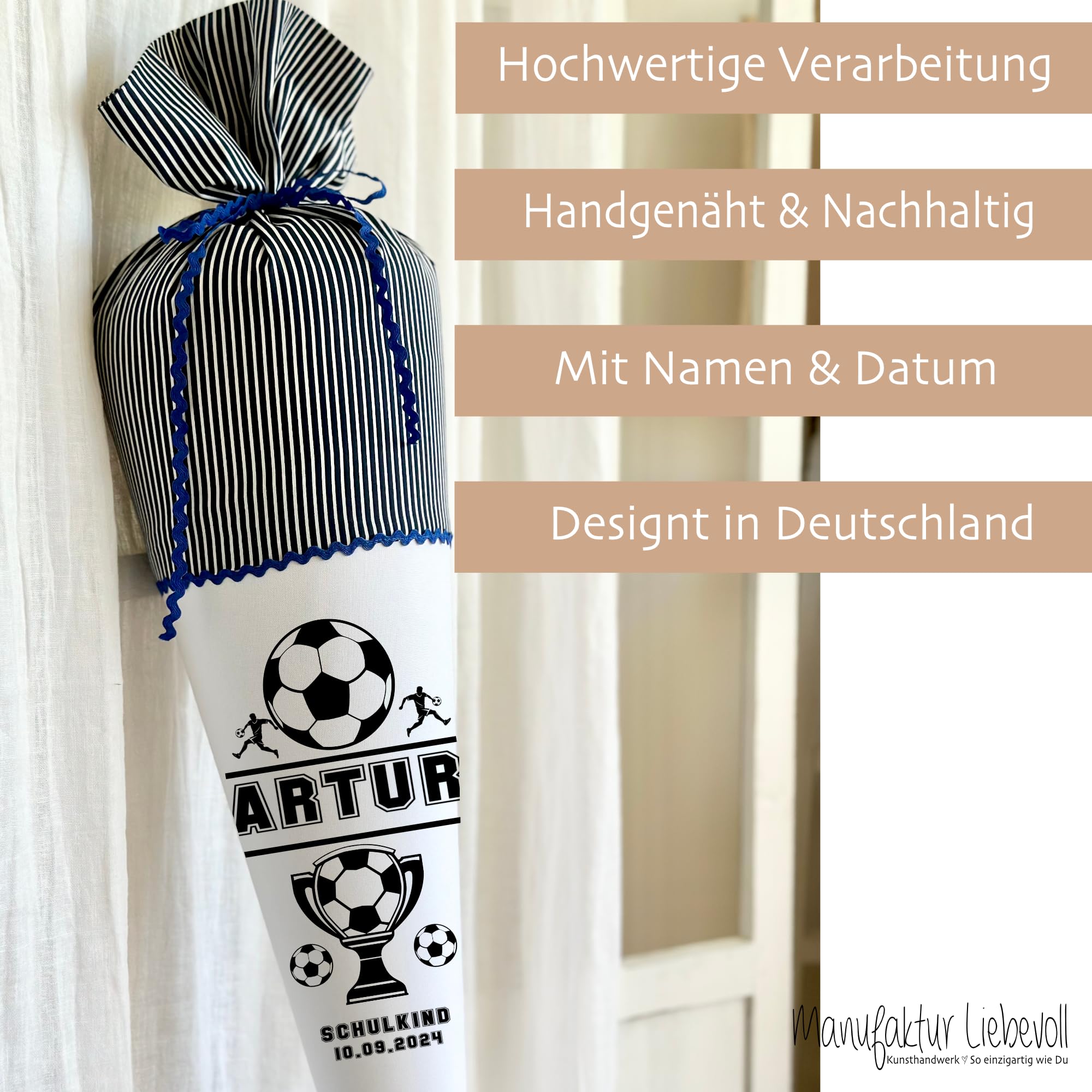 Manufaktur Liebevoll Schultüte Junge Einschulungstüte Mädchen Name personalisiert Stoff Schultüte Kinder Zuckertüte Schulkind 2026 I (Fußball)