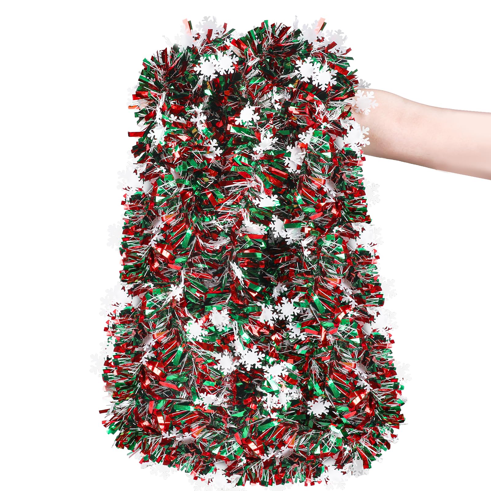LOKIPA 10M/32.8Ft Christmas Tinsel Garlands, Red and Green with Snowflake Xmas Metallic Chunky Tinsel Garland for Christmas Tree Decorations