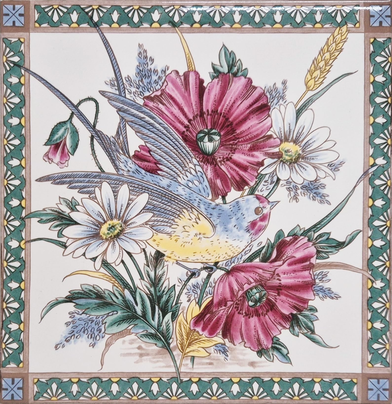 Rainbow Decors Multicolour Poppy & Swallow Ceramic Tiles 15X15cm (6"X6") Decorative Floral And/Or Bird Victorian Style Designs Hand Decorated In Uk (Bird Tile)
