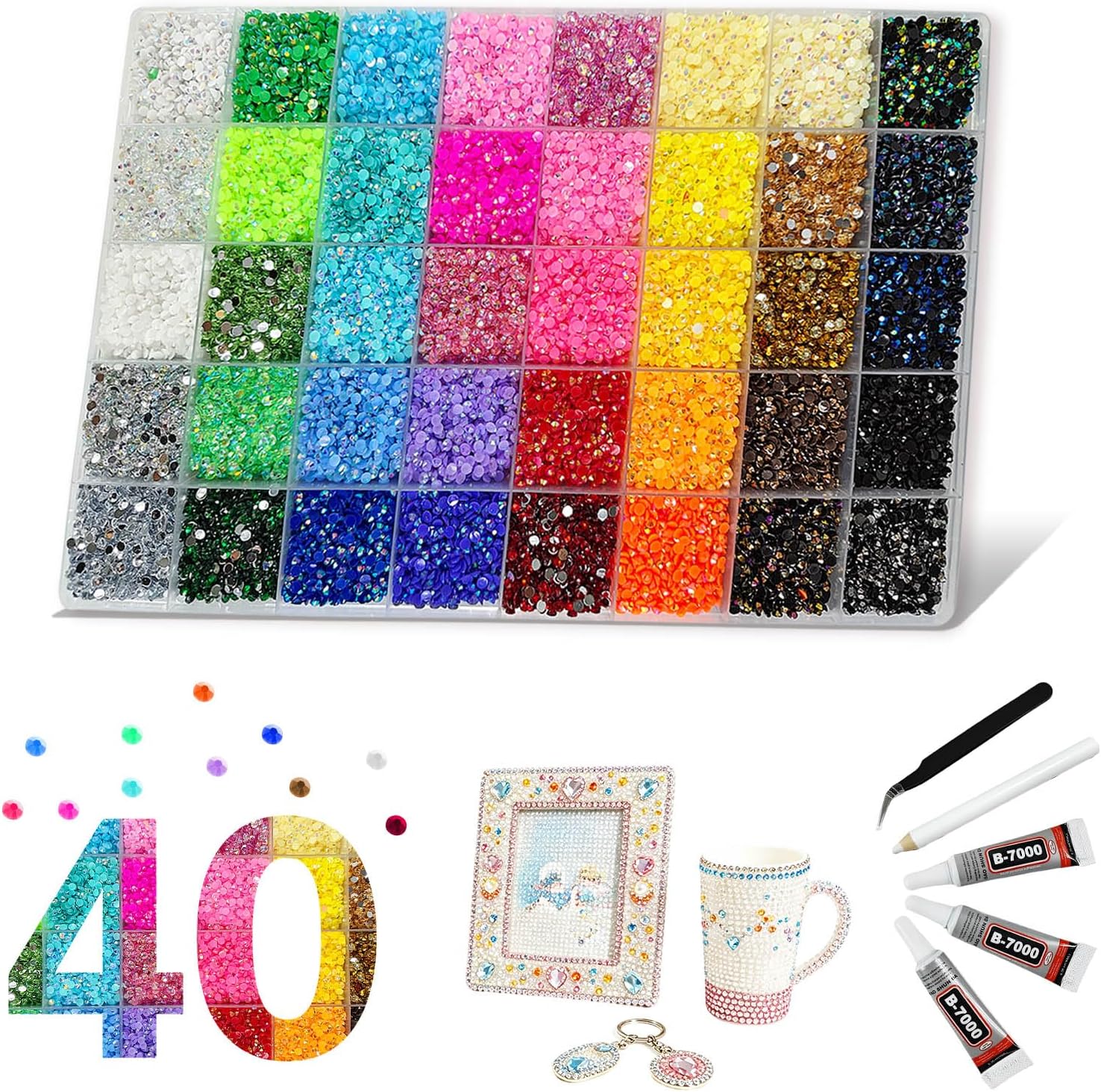 Bedazzler Kit with Rhinestones, 42000Pcs 40 Colors Rhinestones for Bedazzling 3mm Flatback Gems Nail Rhinestones with Glue and Tools Resin Rhinestones Kit for DIY Crafts, Nail Art, Makeup & Phone Case