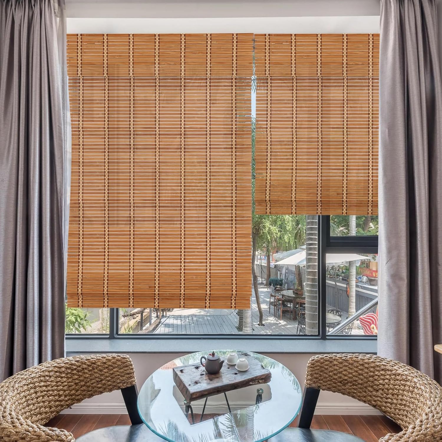 Yin Yang Cordless Blackout Bamboo Roman Shades, Outdoor Natural Woven Wood Shades with 6 Inches High Valance, Custom Room Dakening Bamboo Blinds for Home, Windows, Doors, Stripe