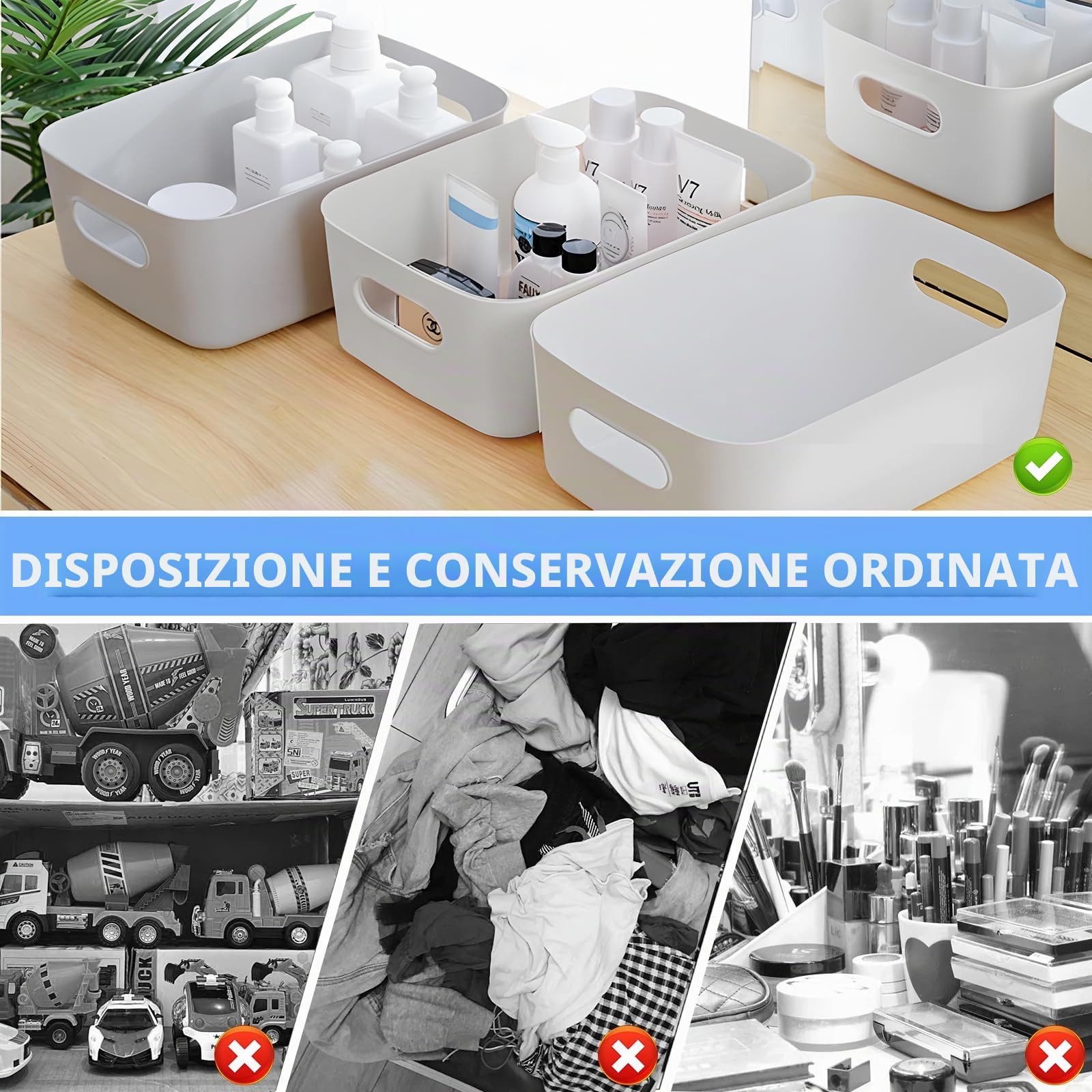12 Pezzi Cestino Portaoggetti Plastica,Cestini Portaoggetti Plastica,Scatole Organizer,con Manici,per Bagno,Cosmetici,Armadio,Contenitori Salvaspazio Cucina.(Grigio)