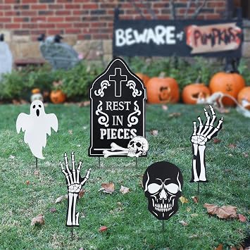 hogardeck Halloween Decorations Outdoor, 5 Pcs Metal Decorative Garden Stakes with Skulls Head, Hands & White Ghosts for Halloween Decor, Tombstone Yard Signs for Outside Garden Lawn Patio Porch