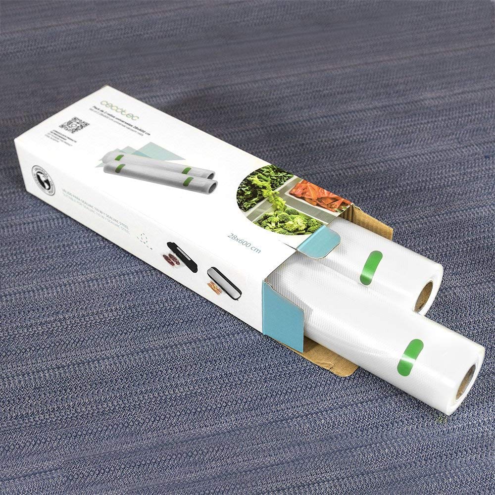 Cecotec Set di 2 Rotoli Grandi per confezionatrici al vuoto. 28 x 600 cm. Superficie gofrada, BPA Free
