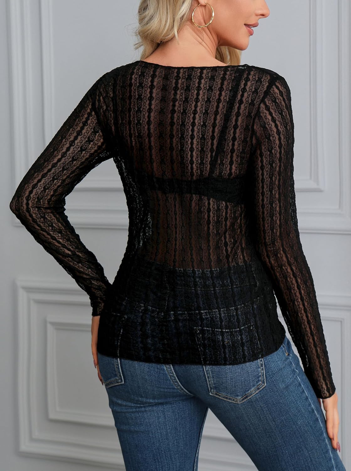 OMSJ Womens Lace Floral Mesh Tops Long Sleeve Sexy See Through Blouse Round Neck Layering Top Shirts - Image 4