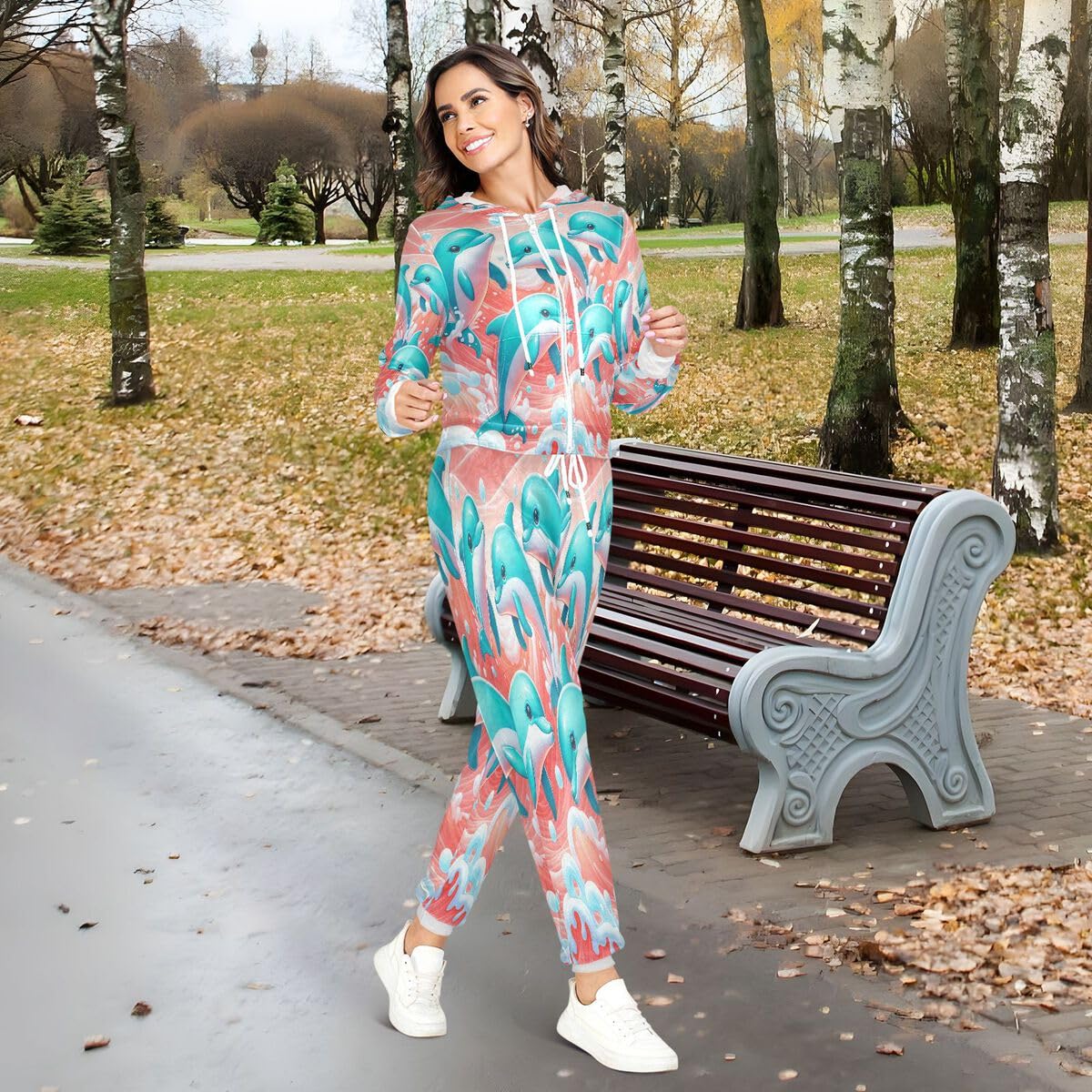 Conjunto deportivo de 2 piezas para mujer, diseño de delfín, color turquesa y blanco, de manga larga, con estampado de delfines oceánicos