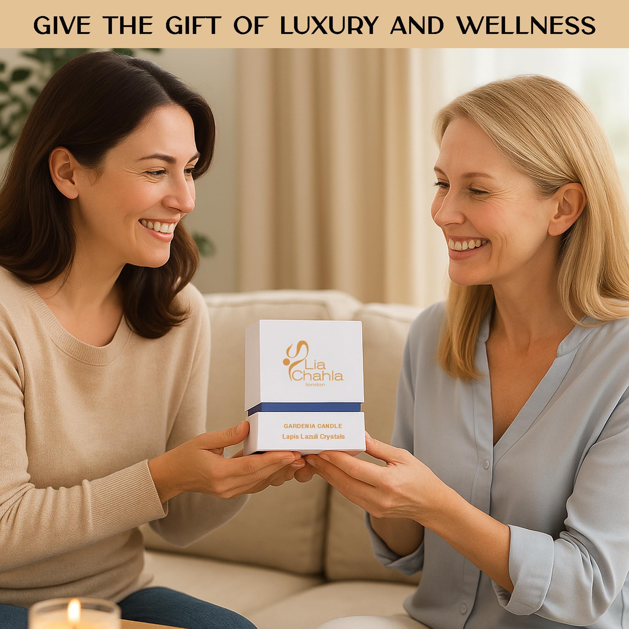 Lia Chahla London Gardenia Soy Candle with Lapis Lazuli Crystals, Natural Aromatherapy Candle, Luxury Scented Candle for Home - Image 3