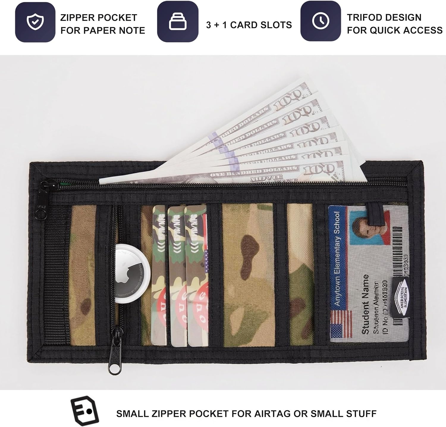 Rough Enough RFID Blocking Boys Wallet for Camp Travel, Water-Repellent 500D Nylon, 4 Card Slots with ID Window, Sturdy Camo Wallet for Kids Teens