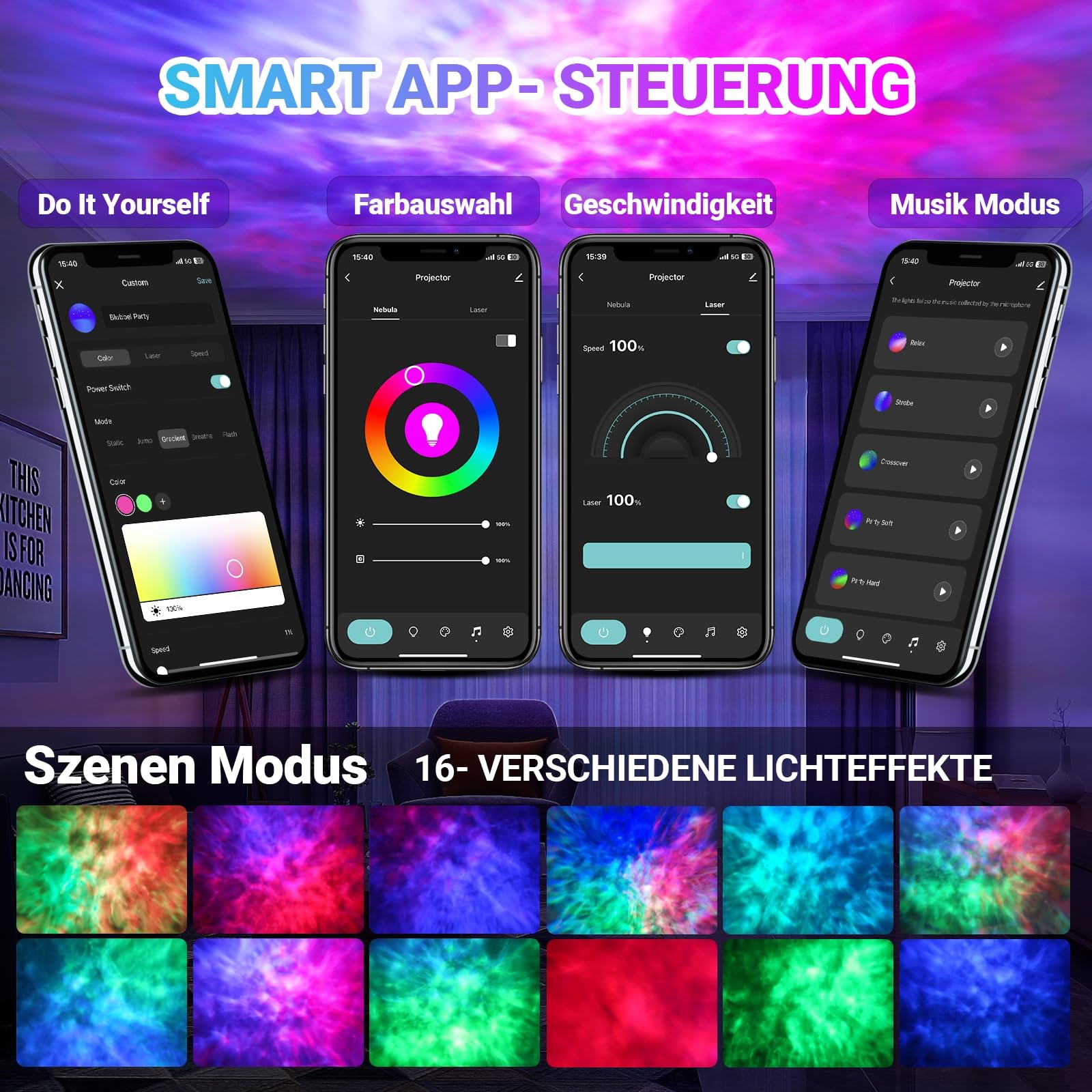 Blubbel LED Sternenhimmel Projektor, WLAN Sternenprojektor, 3D Galaxy Lampe Nachtlicht, App-/ Sprachsteuerung, Star Projector, Sternenlicht Galaxie, Alexa/Google kompatibel, Baby, Kinder, Schlafzimmer