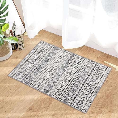 GlowSol Alfombra lavable de 2 x 3 pies, suave, envejecida, pequeña, antideslizante, gris, alfombra bohemia, alfombra de acento marroquí, alfombra