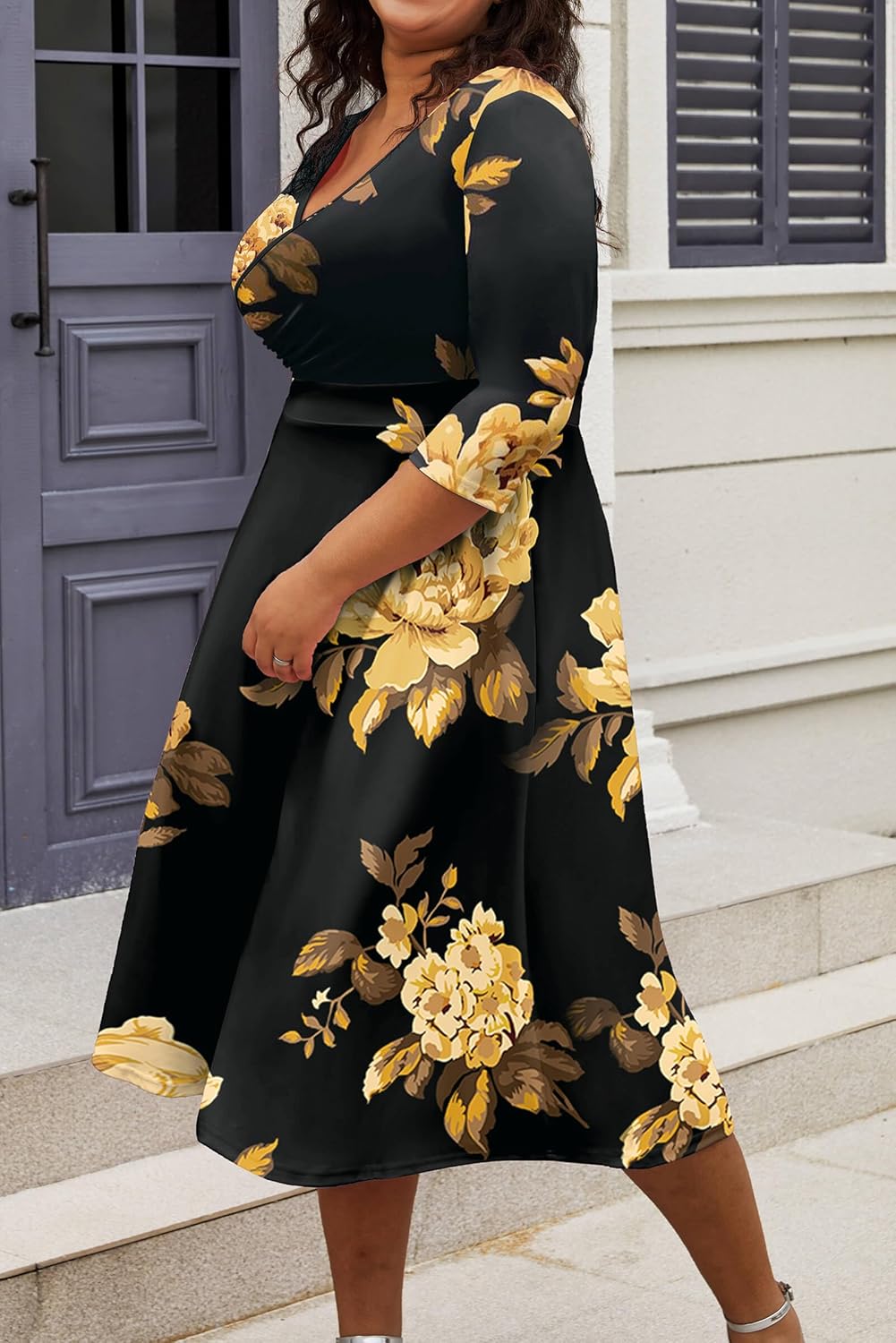 CLOCOR Women's Plus Size Midi Dress 3/4 Sleeve A-Line Swing Dress V Neck Flowy Casual Dresses - Image 3