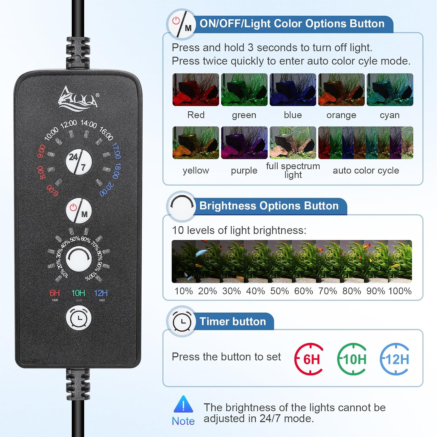 AQQA Clip On LED Aquarium Light with Timer, 24/7 Lighting Cycle Plant Light | 9 Light Colors, Adjustable Timer/Brightness, Adjustable Clamp, Memory Function, IP68 Waterproof, Fits 30–40 Inch Tanks