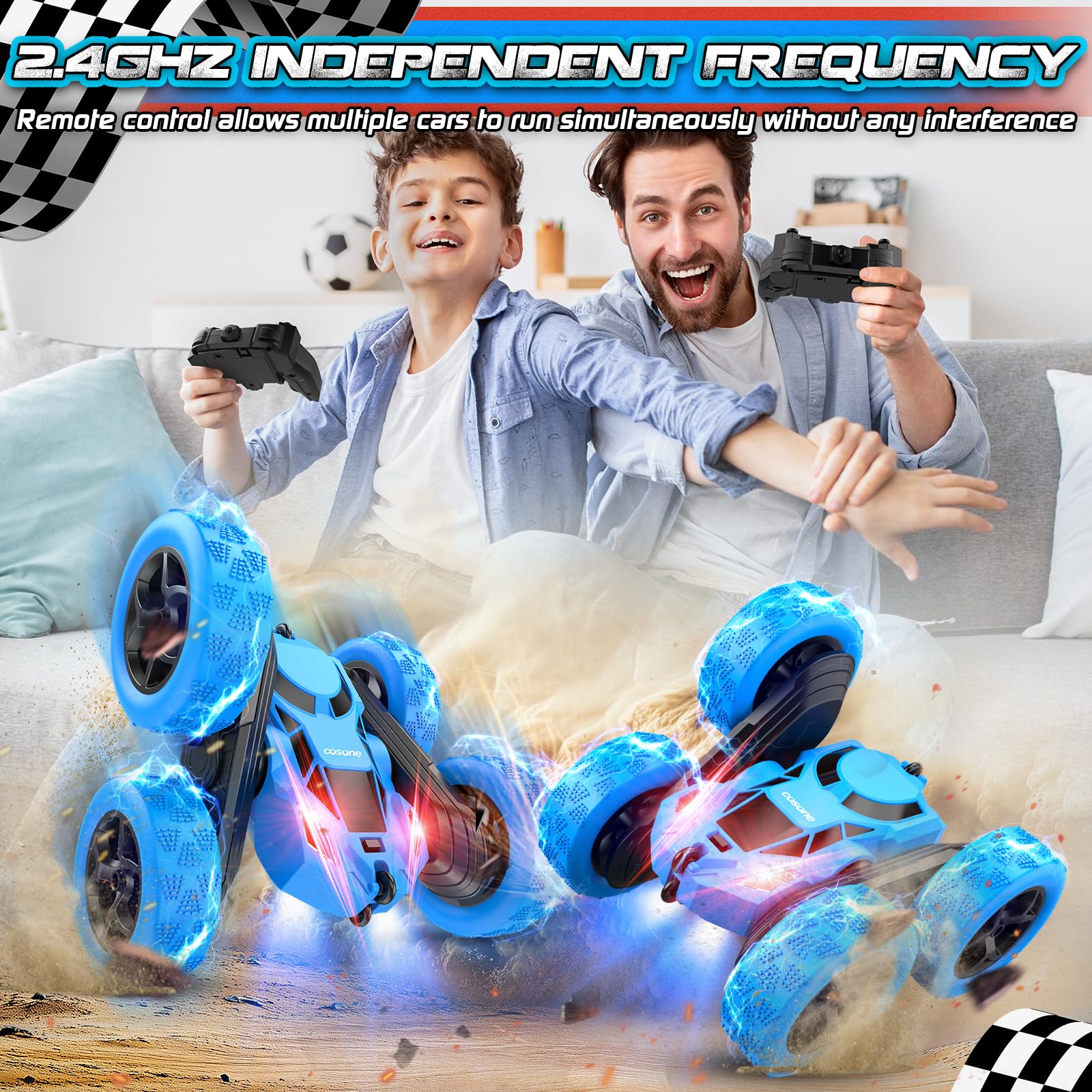 Cosone Voiture Télécommandée RC Stunt 2,4 GHz – Cascade 360°, Phares LED, Tout-Terrain, Batterie Rechargeable, Cadeau Enfant 6 Ans+ (Bleu)
