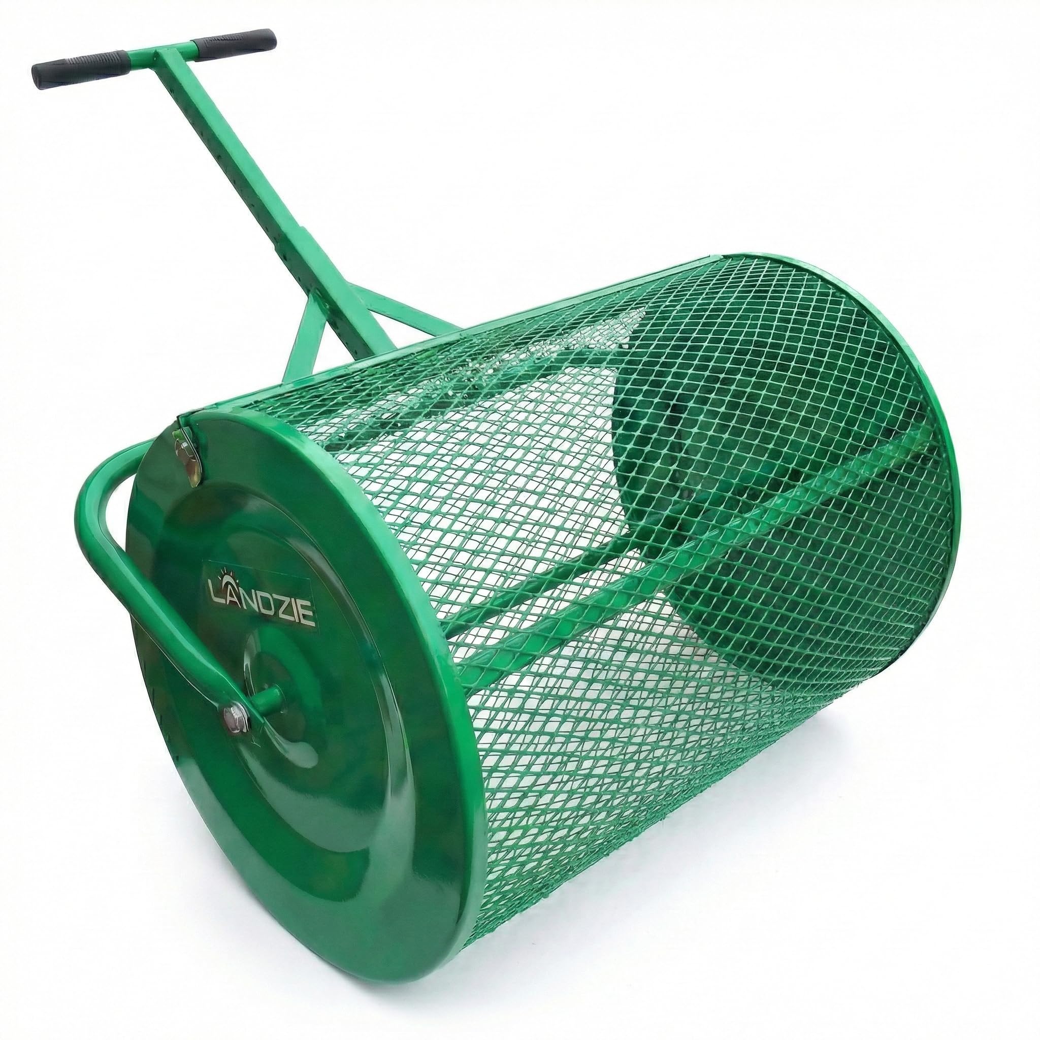 Landzie 24 Inch Compost Spreader and Peat Moss Spreader - Roller Lawn Spreader - Top Soil, Manure, Mulch, Top Dressing Spreader - Lawn and Garden Spreader - Metal Mesh Basket Compost Spreader for Lawn
