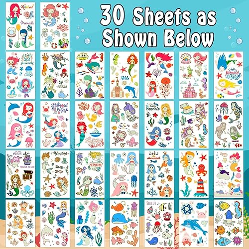 Miniatura 2 de Partywind Decoración luminosa de fiesta de sirena de 315 estilos para niñas, 30 hojas de tatuajes temporales de sirena brillante para niños,