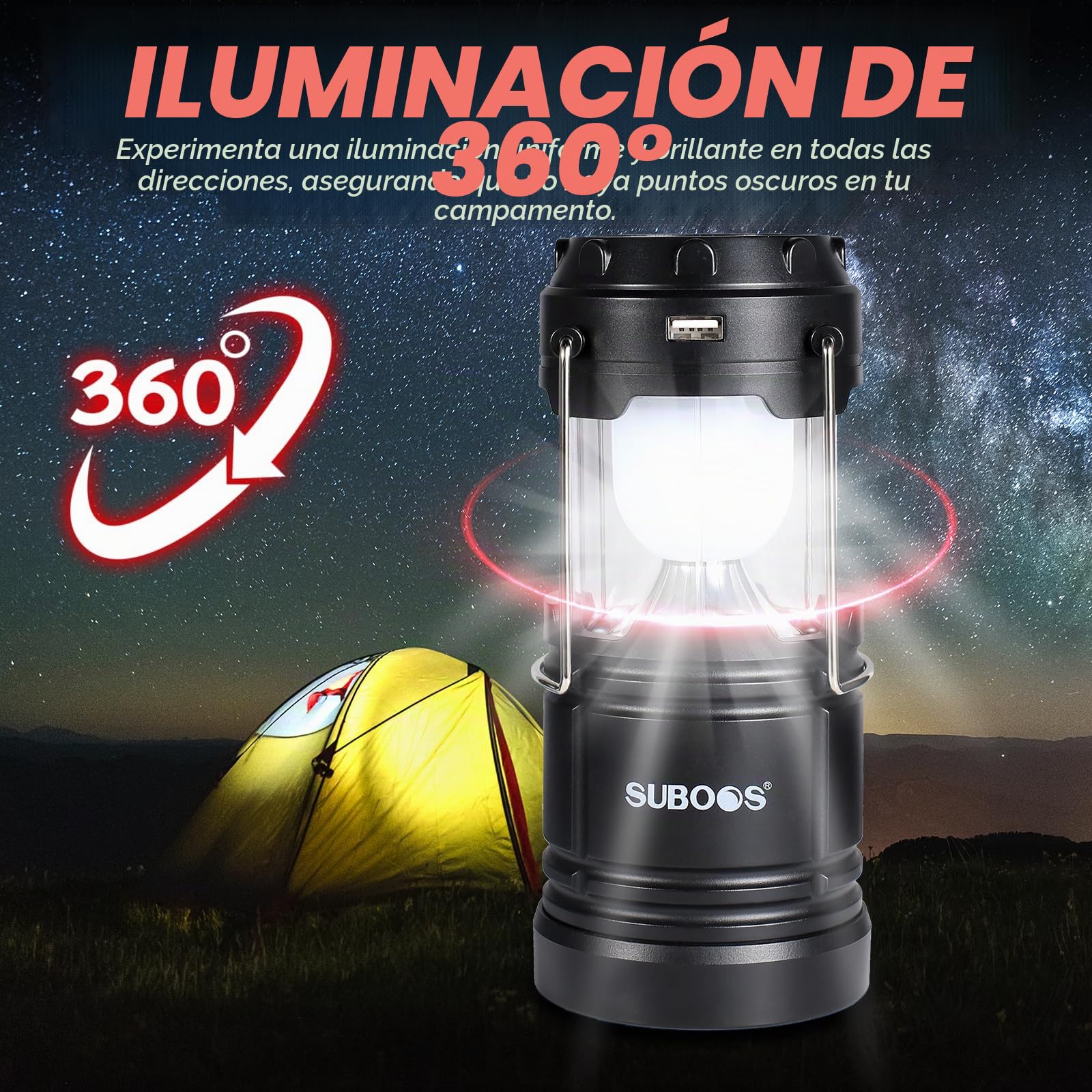Faroles de camping recargables, lámpara solar y pilas, base magnética, gancho para tienda, accesorios de campamento portátiles para emergencias