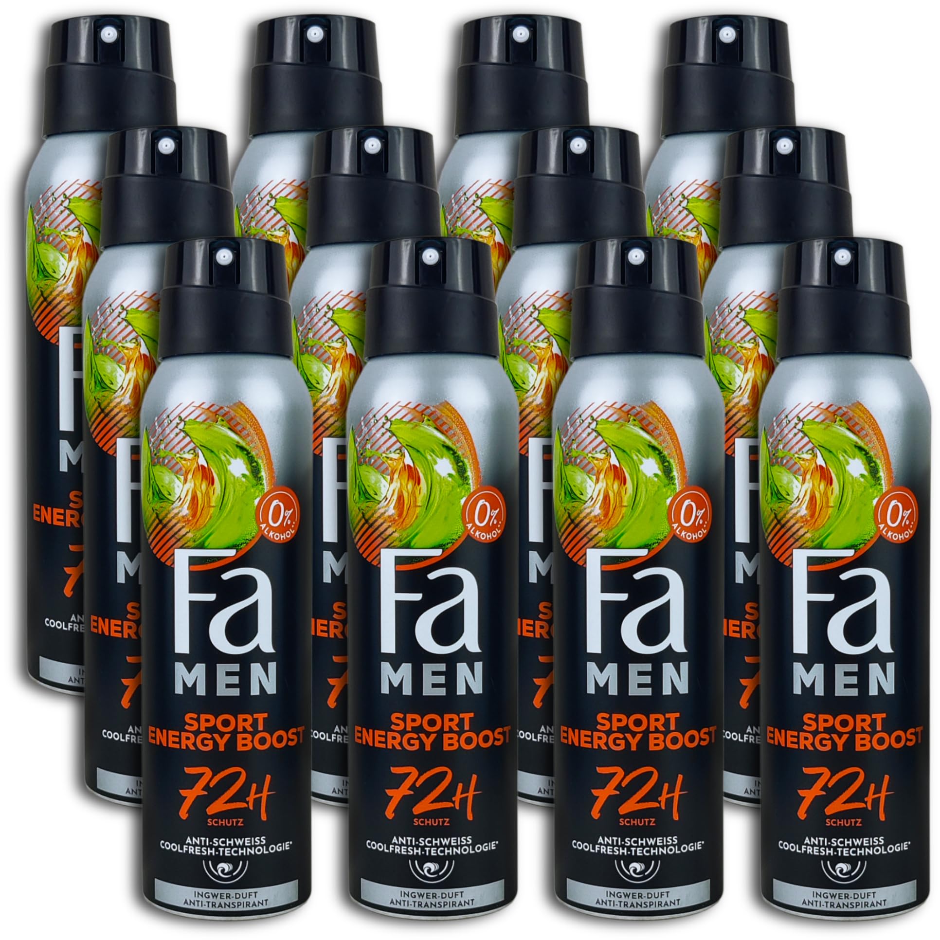 Fa Men Deospray Sport Energy Boost (12x 150 ml), Anti-Transpirant mit bis zu 72 h Schutz vor Schweiß & Körpergeruch, Deo mit dem aktivierenden Duft von Ingwer & Zitrone