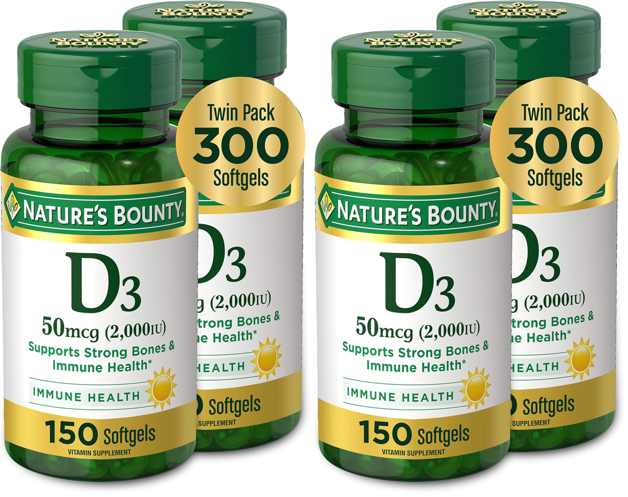 Nature's Bounty Vitamin D3, Supports Immune System and Bone Health, 50mcg, 150 Softgels (Pack of 4) 150 Count (Pack of 4)