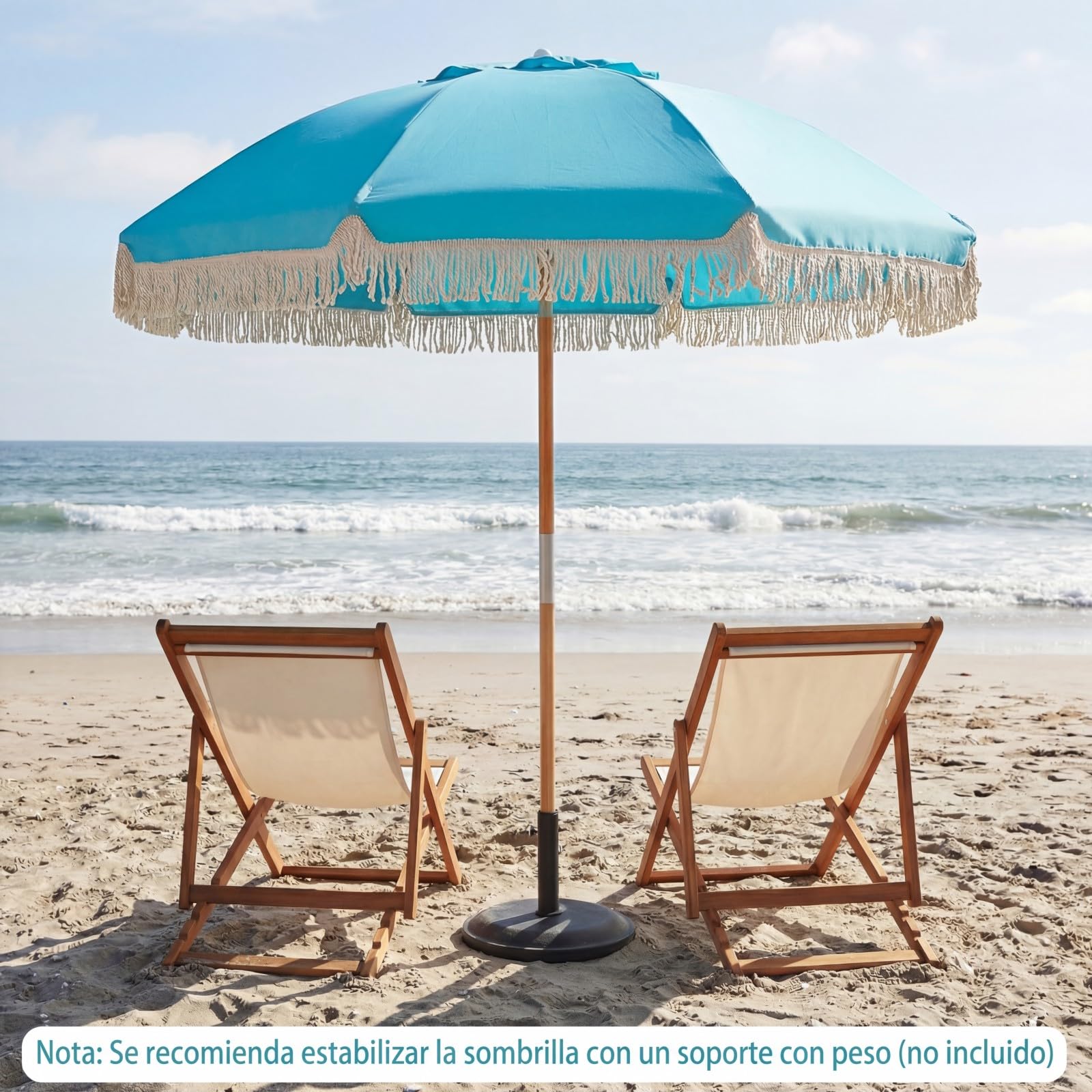 COSTWAY Sombrilla Playa Grande, 170 cm Sombrilla Terraza Exterior con Mástil de Madera, Inclinación 30°, 8 Varillas de Fibra de Vidrio y Borlas, Parasol Exterior de Flecos para Playa Jardín