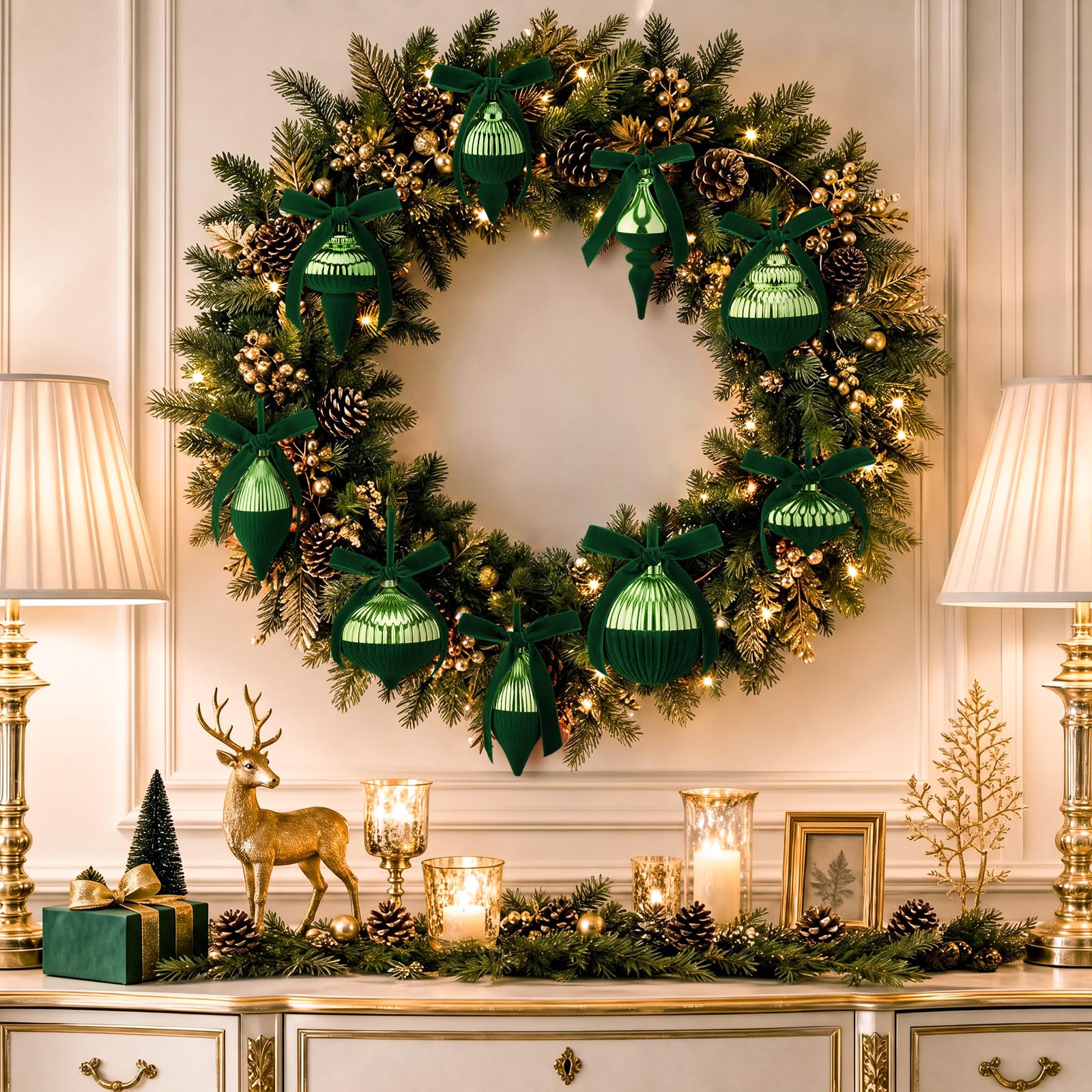 Hungdao Kit de 9 boules de Noël en velours à moitié floqué – Décorations de sapin de Noël en plastique incassable – Boules de Noël brillantes à suspendre avec nœud décoratif pour sapin de Noël (vert)