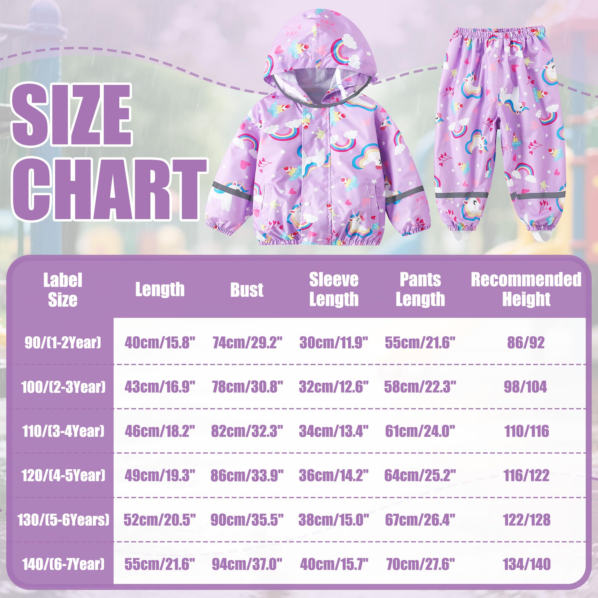 Traje de Lluvia Impermeable para Niñas, Conjunto de Chaqueta y Pantalón de Lluvia Ligero, Exteriores Impermeables Unicornio Abrigos con Capucha, Antiviento Chubasquero para 1-7 años
