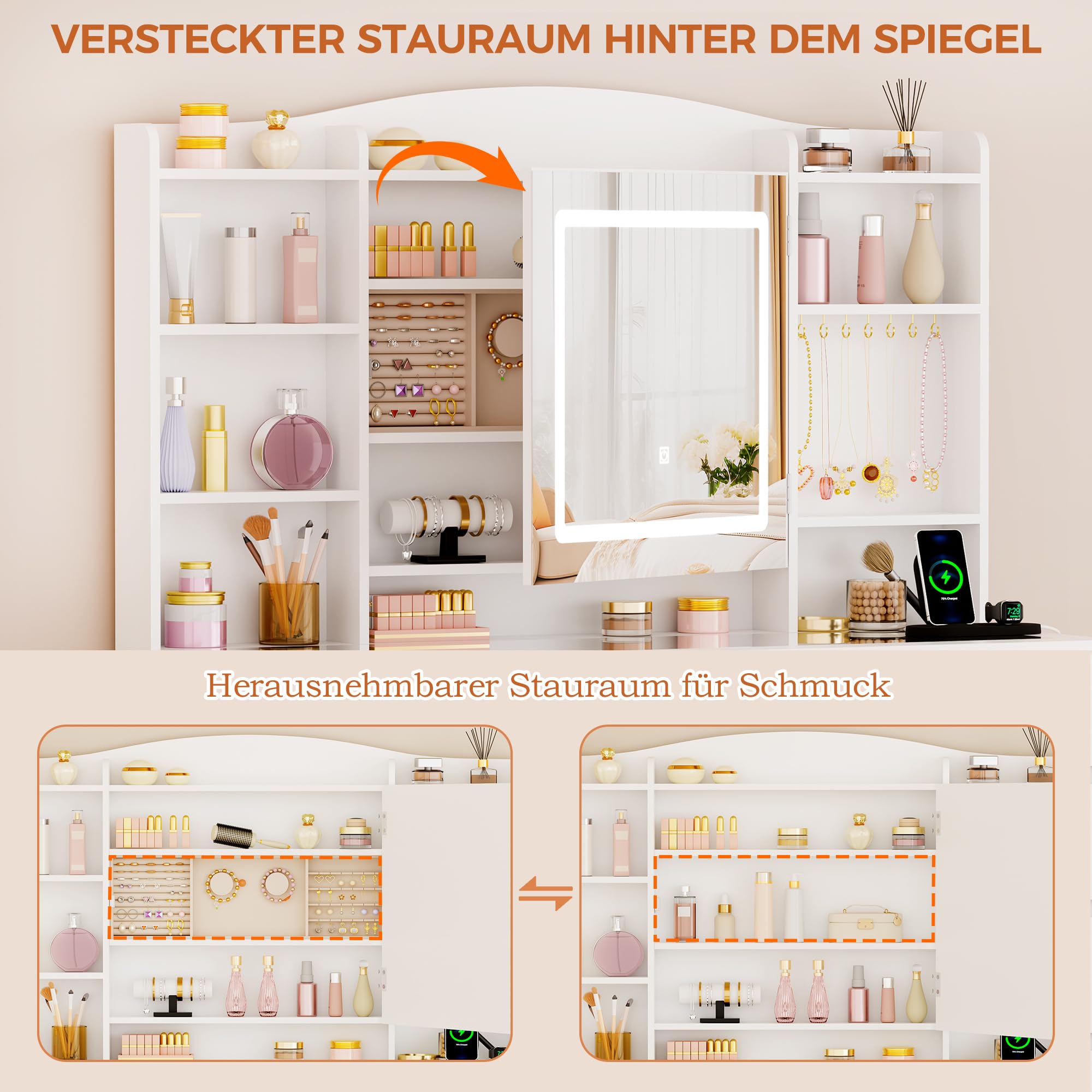 ANWBROAD Große Schminktisch mit LED-Beleuchtung und Steckdosen, Spiegel, Glasplatte und Hocker, Verstecktem Stauraum, Schminktisch mit 9 Schubladen, 7 offenen Ablagen und 5 Schmuckhak Weiß BDT21W