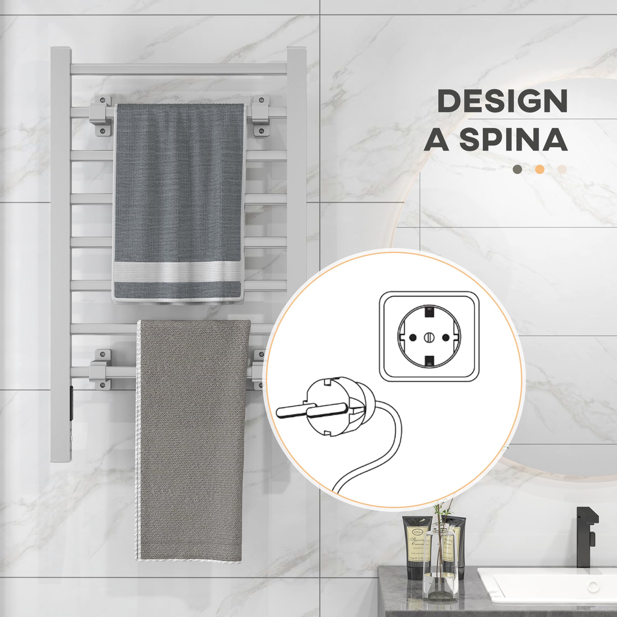 HOMCOM Calorifero Scaldasalviette da Terra o Parete 150W, Porta Asciugamani Riscaldato in Lega di Alluminio con 8 Barre e Timer da 2 o 4 Ore, Resistente all'Acqua, 53x35x90 cm, Argento