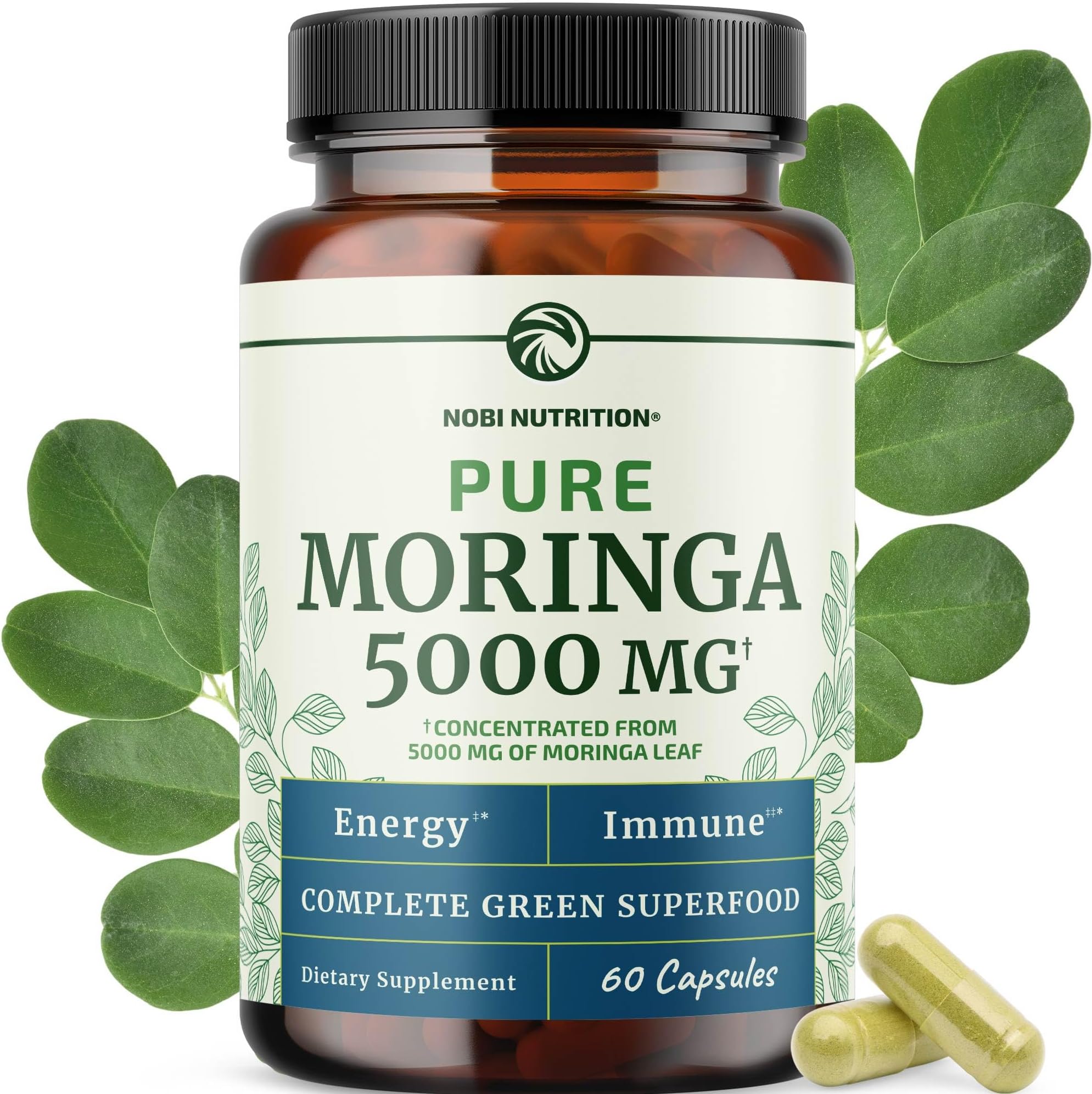Moringa Capsules 5000mg | Potent Antioxidant Superfood | Non-GMO, Third-Party Tested Pure Moringa for Energy, Immunity & Gut Health Support | Gluten-Free Vitamins & Minerals Supplement | 60 Capsules