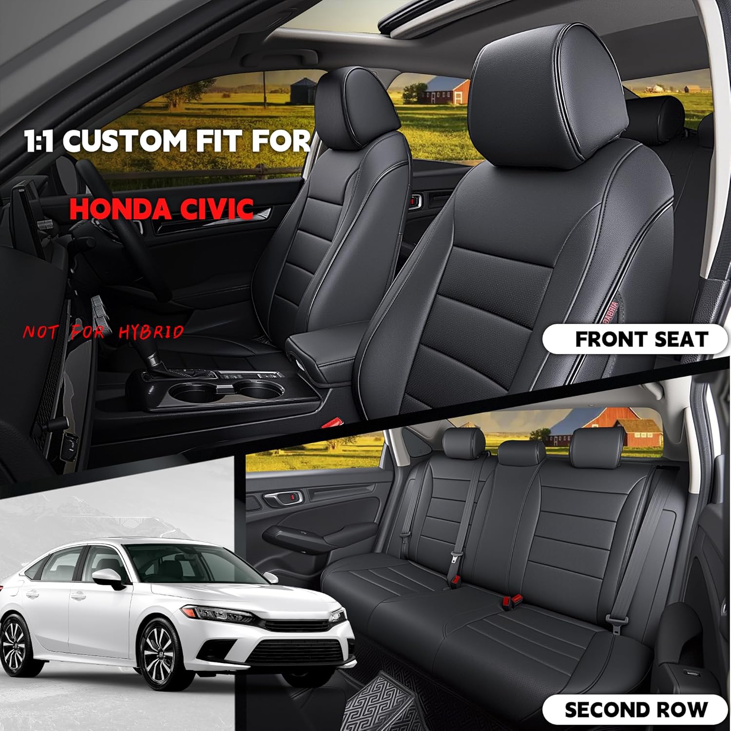 HKZ Custom Fit Civic Seat Cover Full Set for Honda Civic 4 Door Sedan-Only (Sport 2022 2023 2024) & (LX 2022-2026),5-Seats Full Set,Leather Seat Protector(Black)